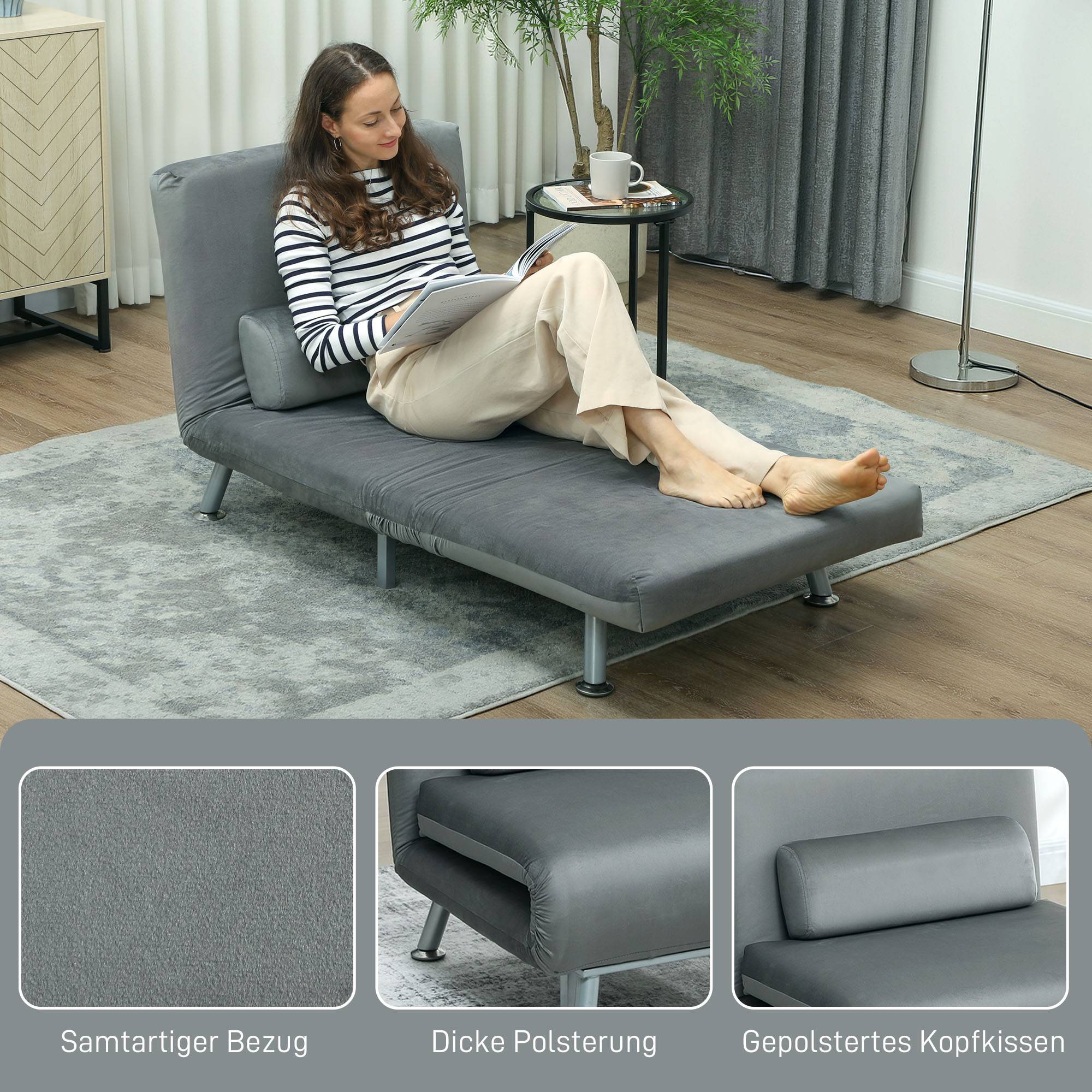 Fauteuil convertible en lit, inclinable et pliable en velours, dossier réglable, 75 x 70 x 75 cm, gris - Image 8