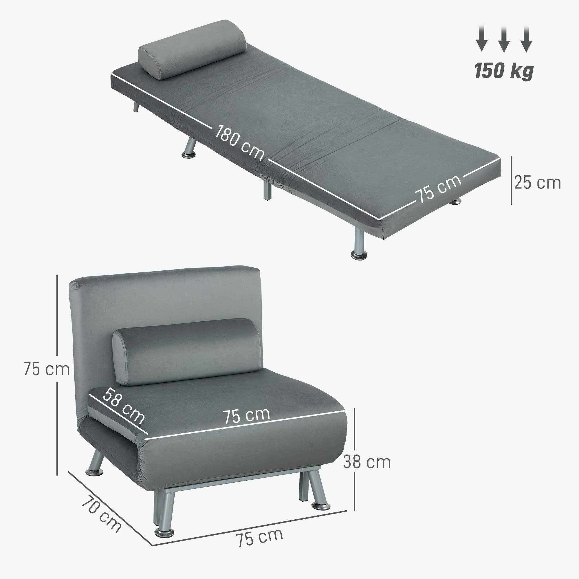 Fauteuil convertible en lit, inclinable et pliable en velours, dossier réglable, 75 x 70 x 75 cm, gris - Image 5