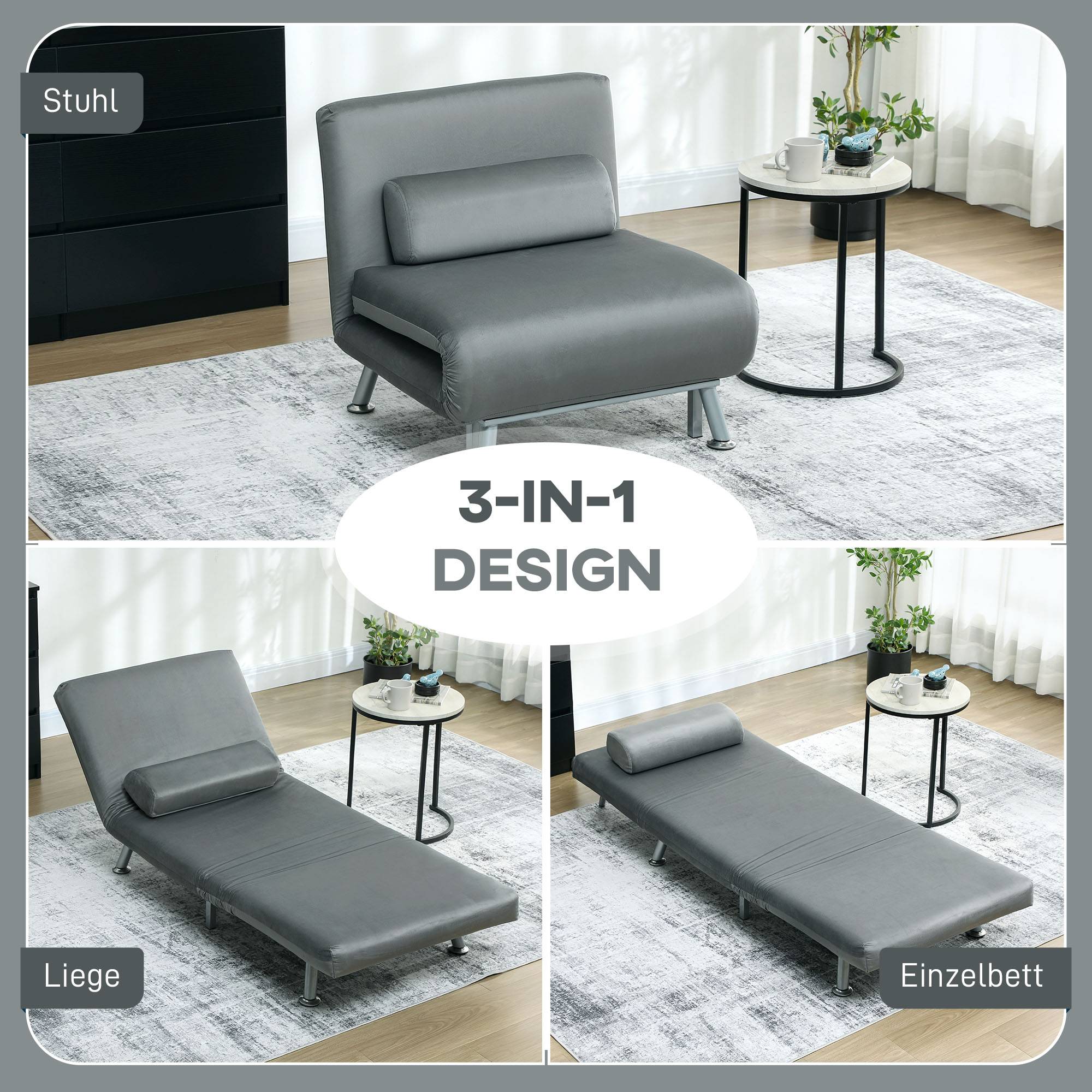 Fauteuil convertible en lit, inclinable et pliable en velours, dossier réglable, 75 x 70 x 75 cm, gris - Image 6