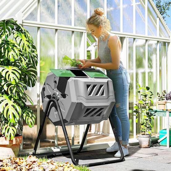 ComfortXL - Composteur rotatif double compartiment acier et plastique 160 L gris vert noir pour jardin compostage facile - Image 1