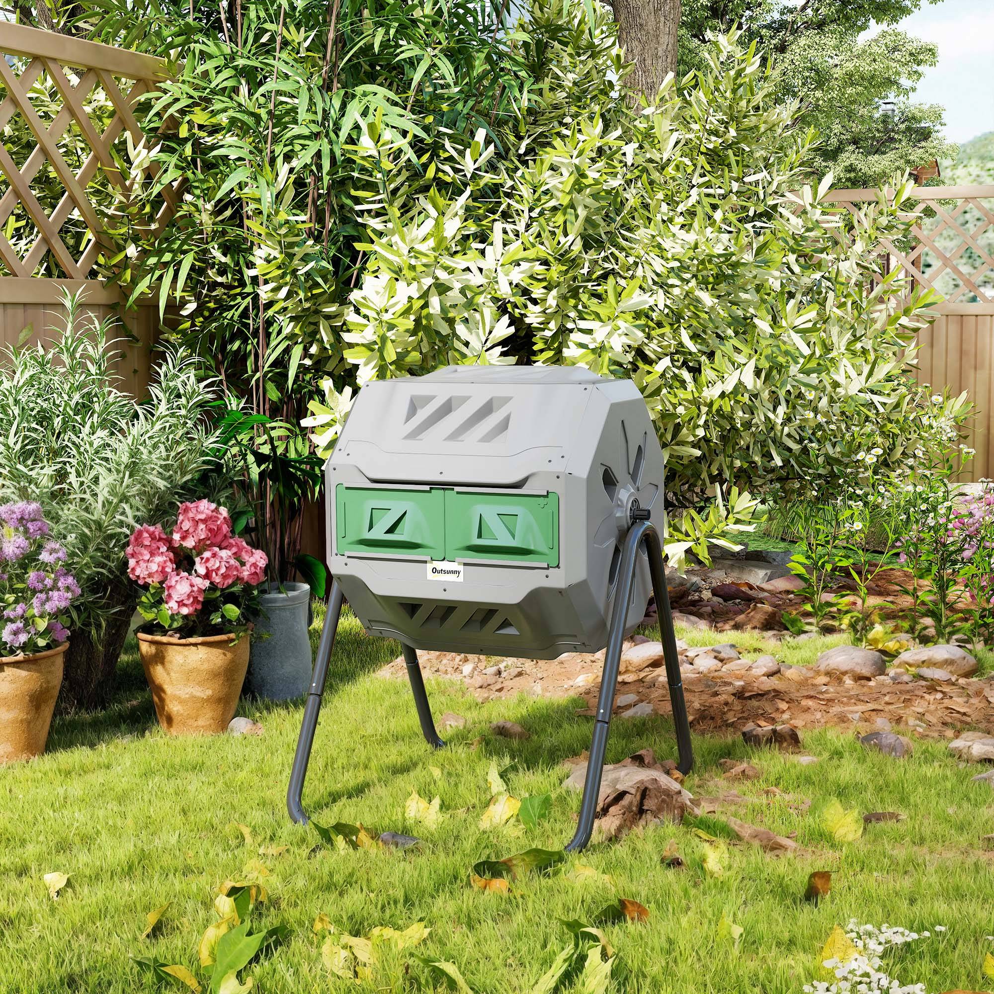 ComfortXL - Composteur rotatif double compartiment acier et plastique 160 L gris vert noir pour jardin compostage facile - Image 8