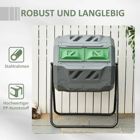 ComfortXL - Composteur rotatif double compartiment acier et plastique 160 L gris vert noir pour jardin compostage facile - Image 7