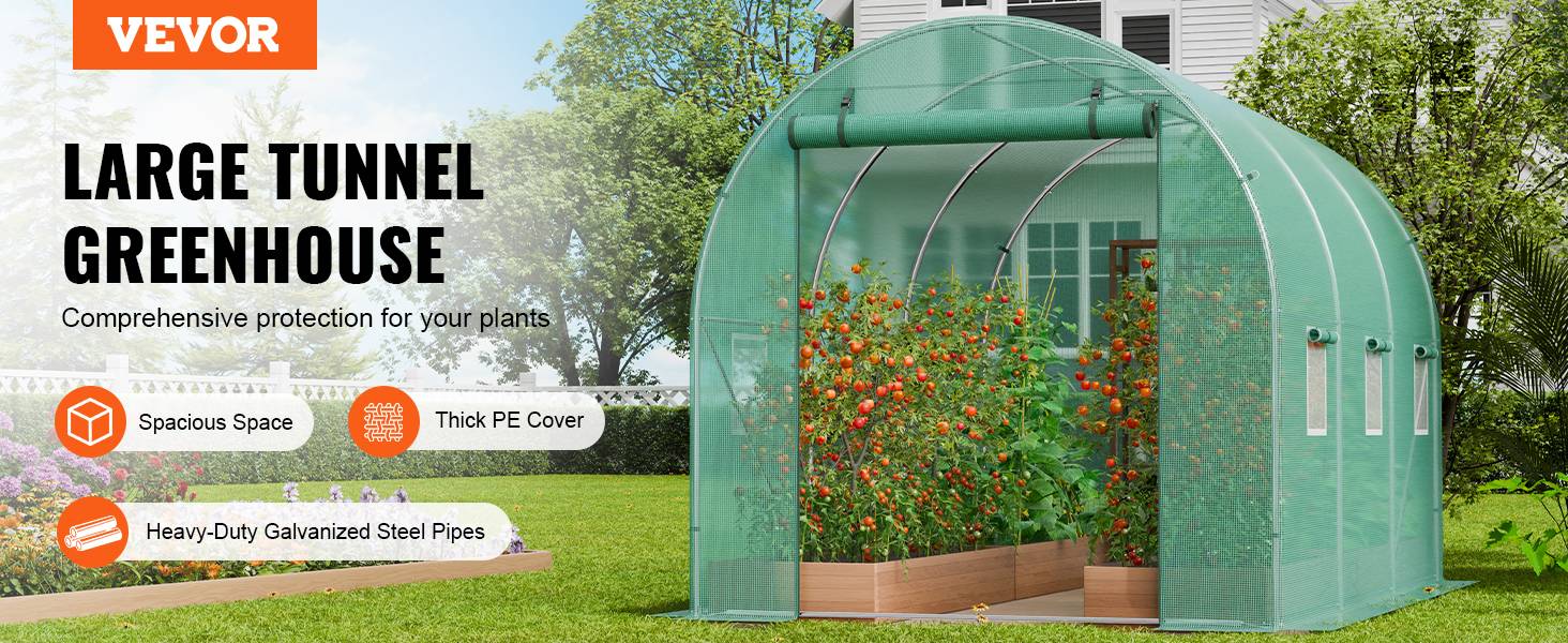 Vevor - VEVOR Serre tunnel 345x195x192 cm, cadre acier galvanisé, couverture PE 140 g/m², porte zippée enroulable, 6 fenêtres, pour jardin extérieur - Image 9