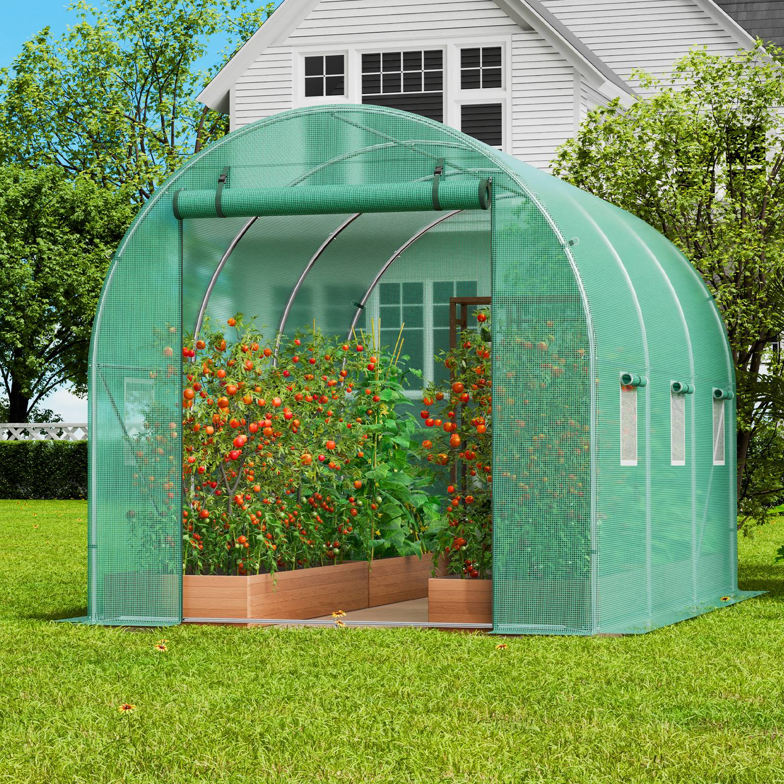 Vevor - VEVOR Serre tunnel 345x195x192 cm, cadre acier galvanisé, couverture PE 140 g/m², porte zippée enroulable, 6 fenêtres, pour jardin extérieur - Image 8
