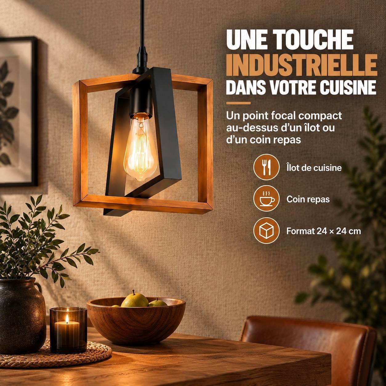 Suspension Industrielle Réglable Métal et Bois Abat-jour Orientable - Image 2