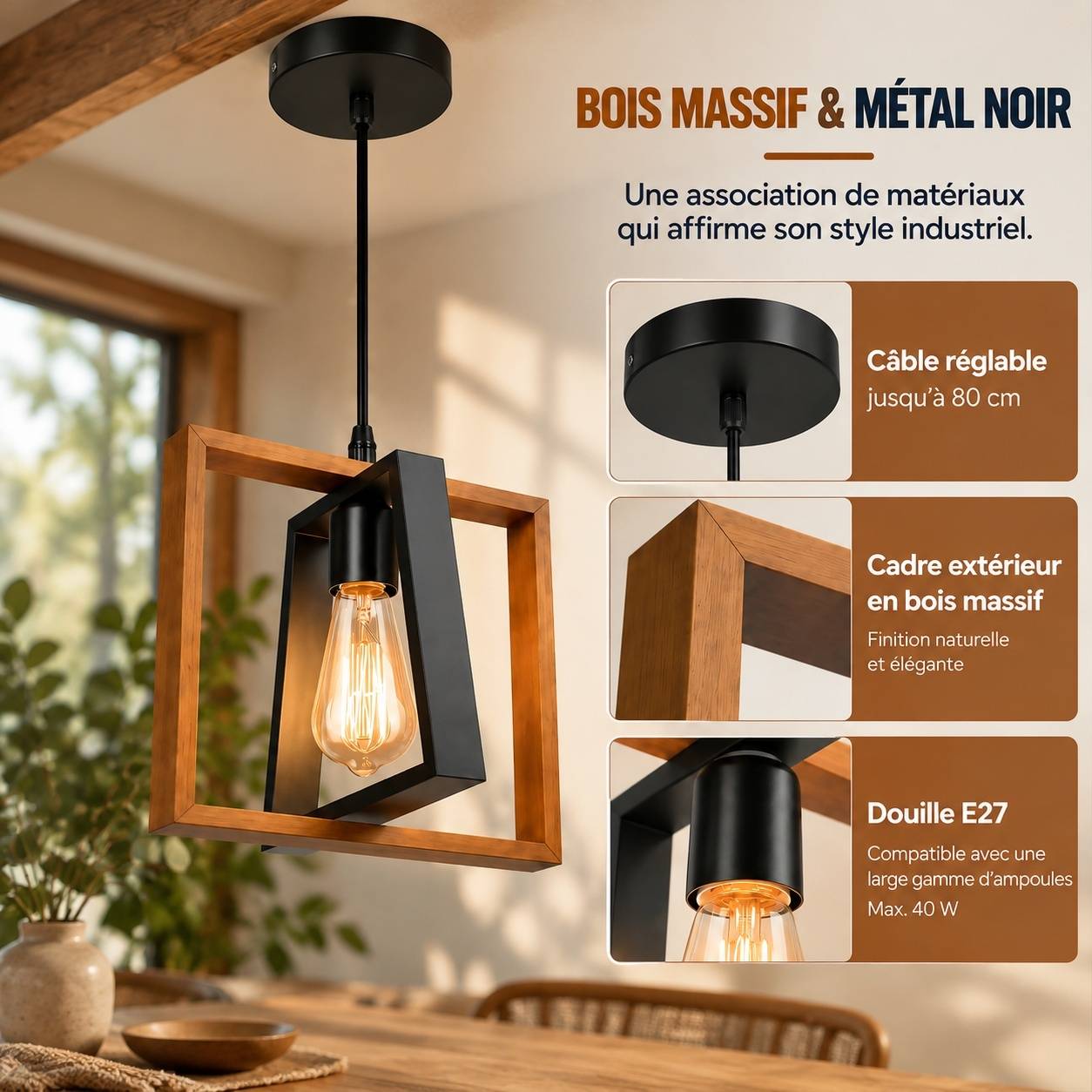 Suspension Industrielle Réglable Métal et Bois Abat-jour Orientable - Image 4