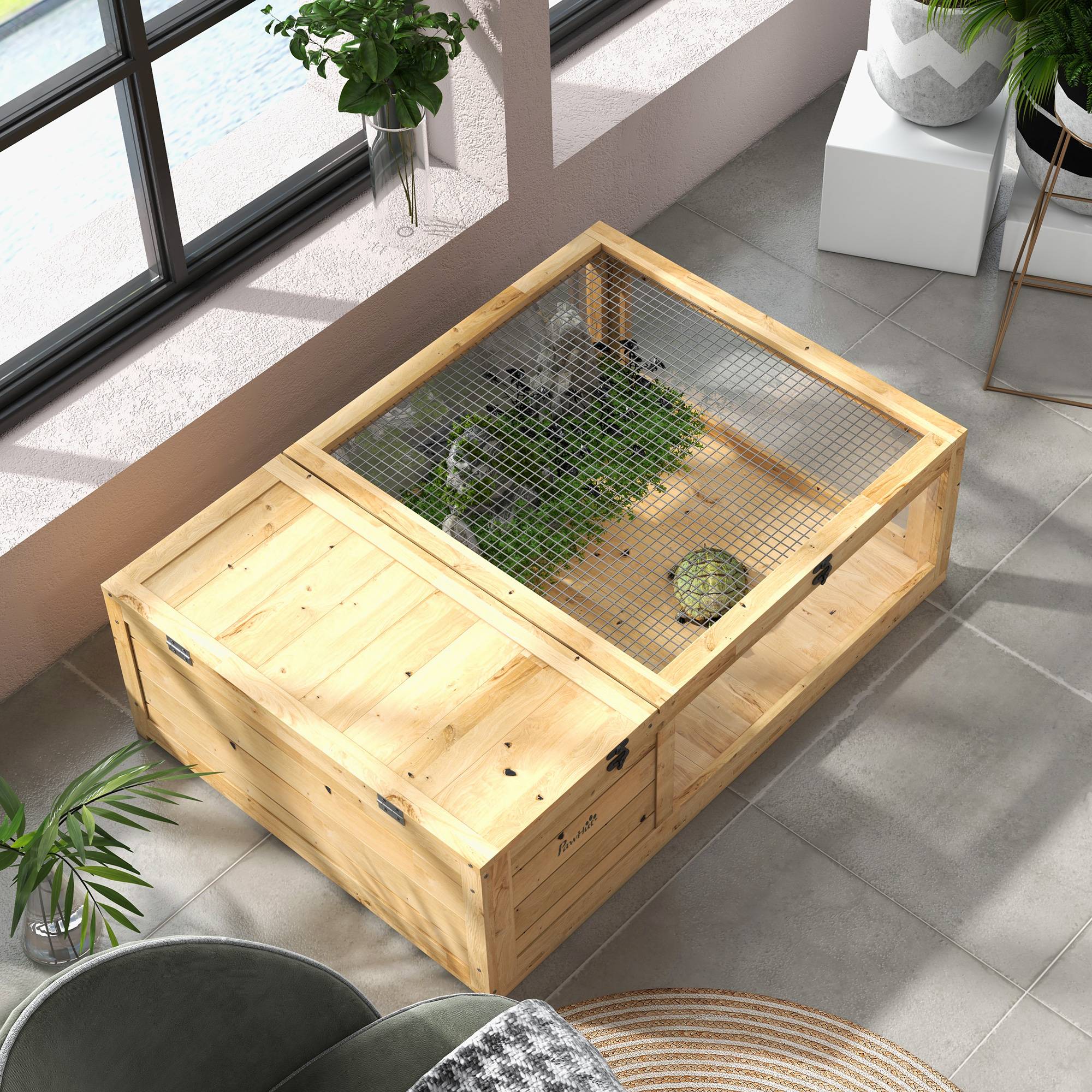 ComfortXL - Enclos tortue en bois de sapin 91 x 60,5 x 32 cm jaune pour intérieur et extérieur avec abri et zone vitrée - Image 9