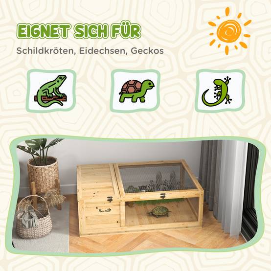 ComfortXL - Enclos tortue en bois de sapin 91 x 60,5 x 32 cm jaune pour intérieur et extérieur avec abri et zone vitrée - Image 7