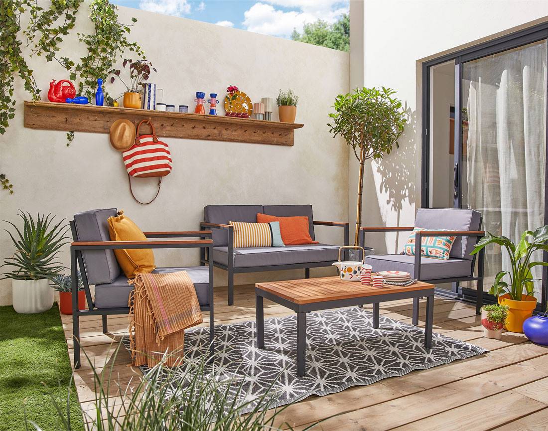 Best Mobilier - Bamaga - salon bas de jardin 4 places - bois, métal et coussins gris - Best Mobilier - Image 2