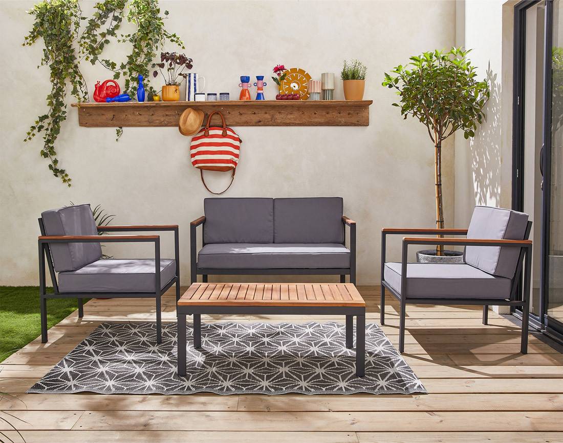 Best Mobilier - Bamaga - salon bas de jardin 4 places - bois, métal et coussins gris - Best Mobilier - Image 9