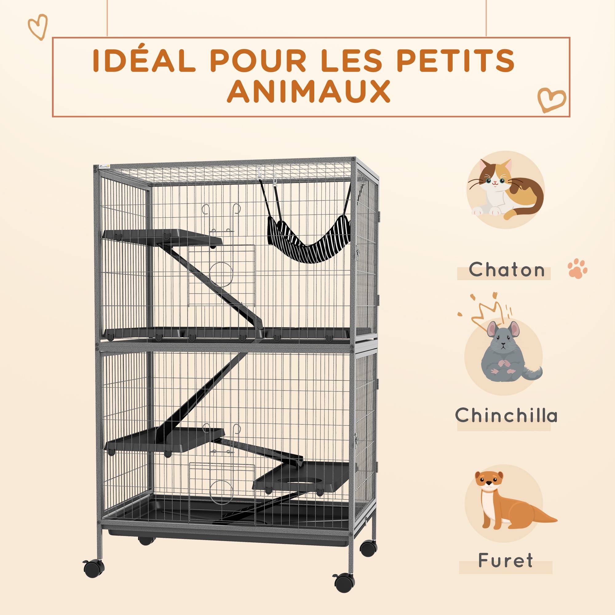 Cage pour rongeurs acier gris et noir 80 x 52 x 128 cm - PANGIVO - Image 6