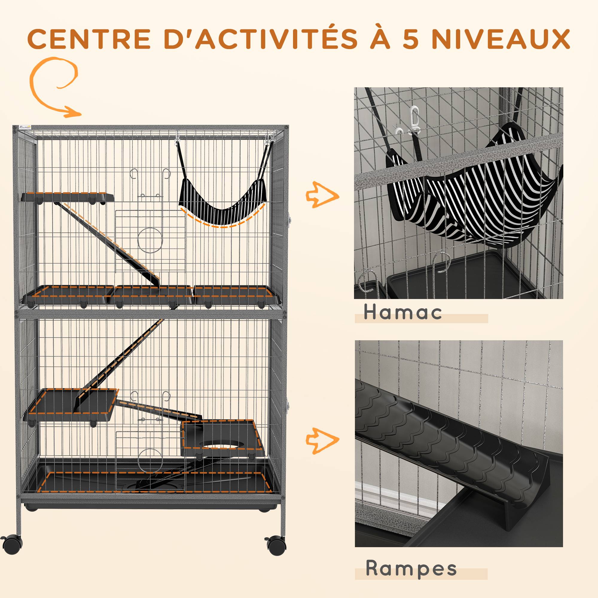 Cage pour rongeurs acier gris et noir 80 x 52 x 128 cm - PANGIVO - Image 8