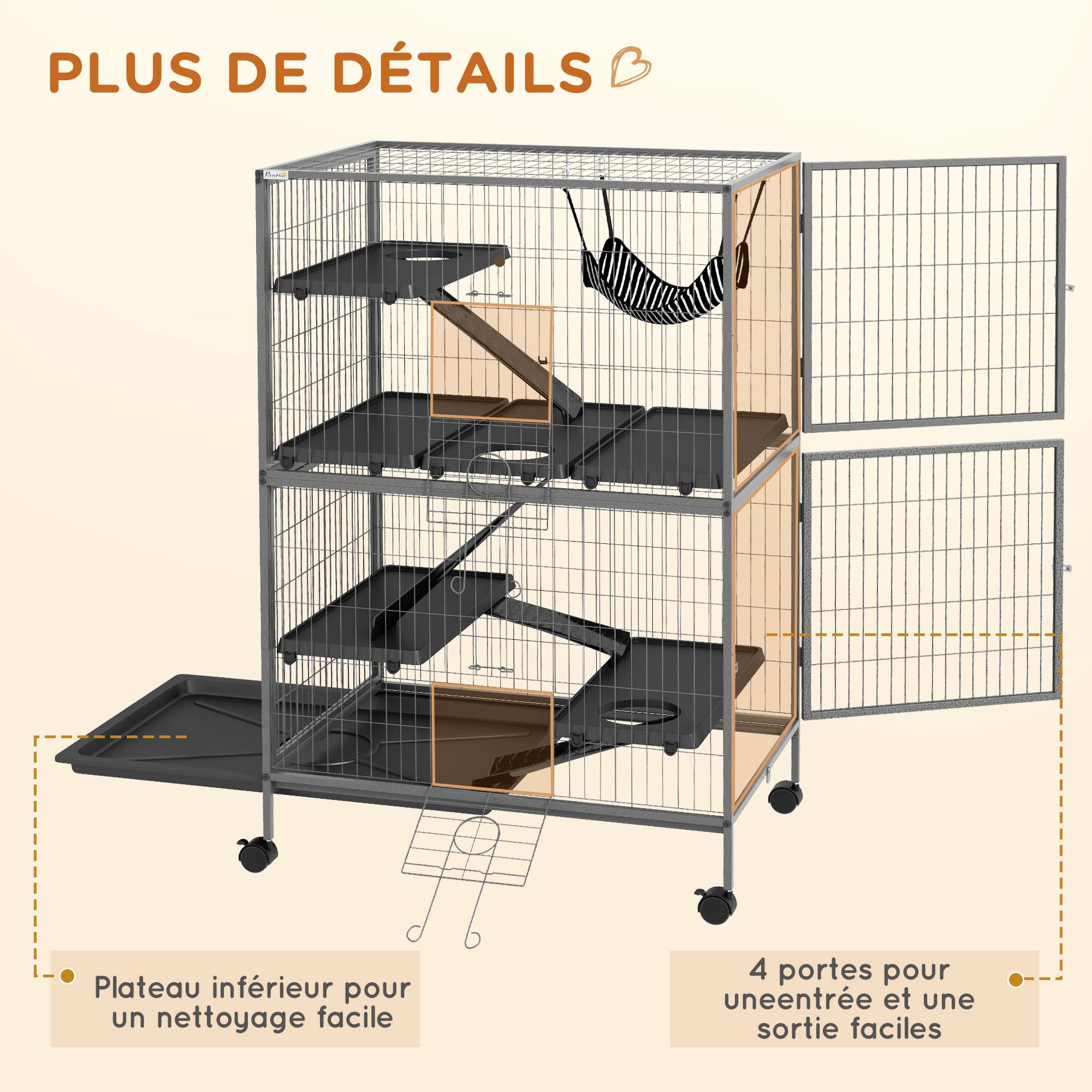 Cage pour rongeurs acier gris et noir 80 x 52 x 128 cm - PANGIVO - Image 9