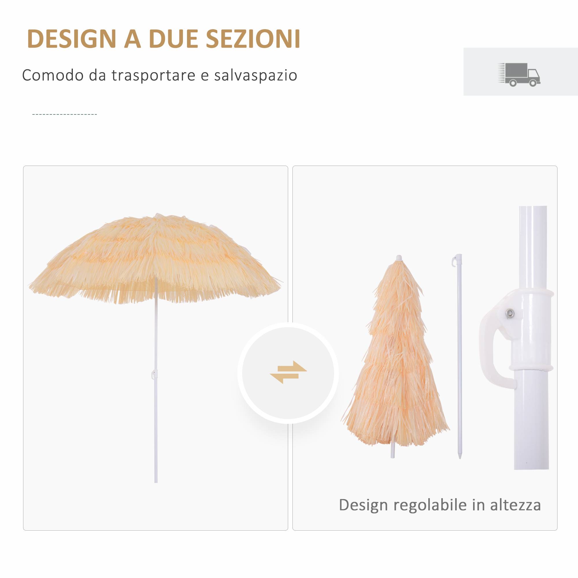 Parasol de plage à 8 baleines avec mât inclinable, polyester et métal, 1,6 x 2 m, beige - Image 6