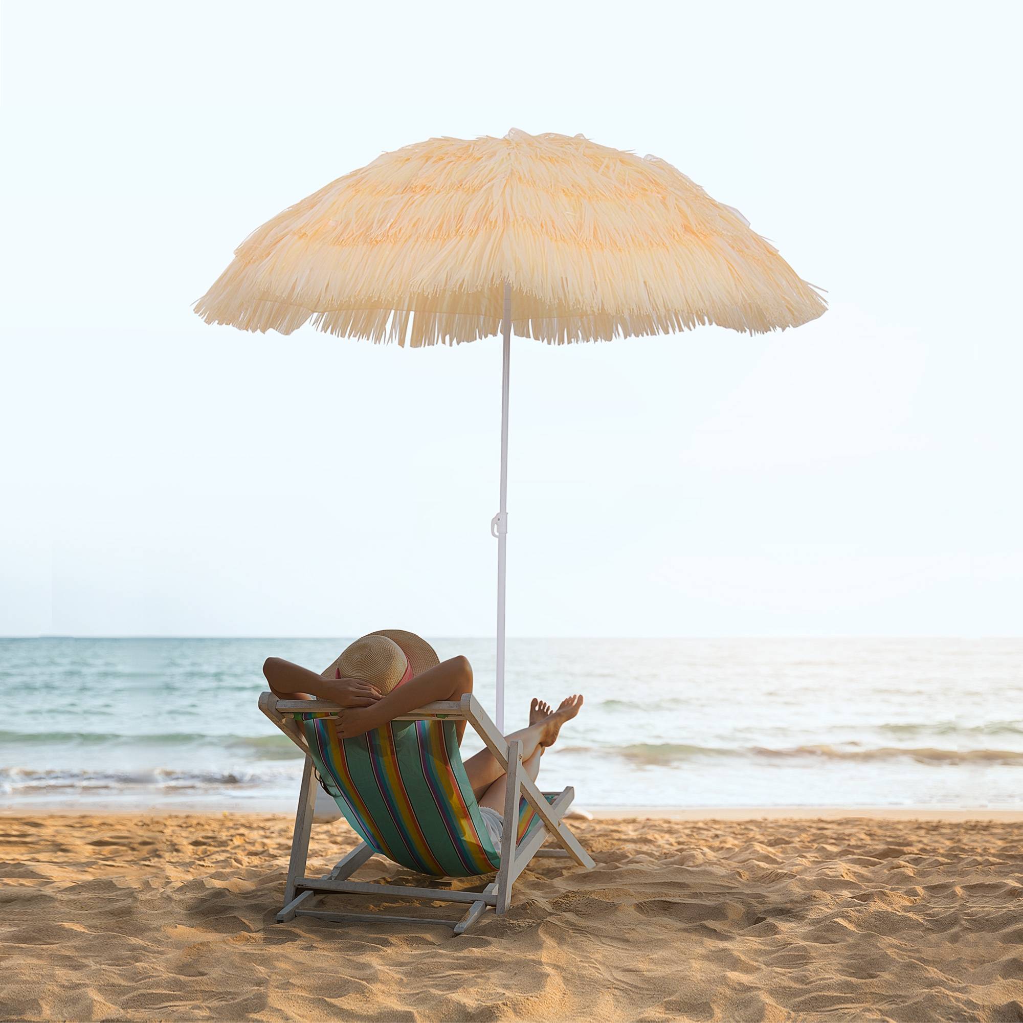 Parasol de plage à 8 baleines avec mât inclinable, polyester et métal, 1,6 x 2 m, beige - Image 3