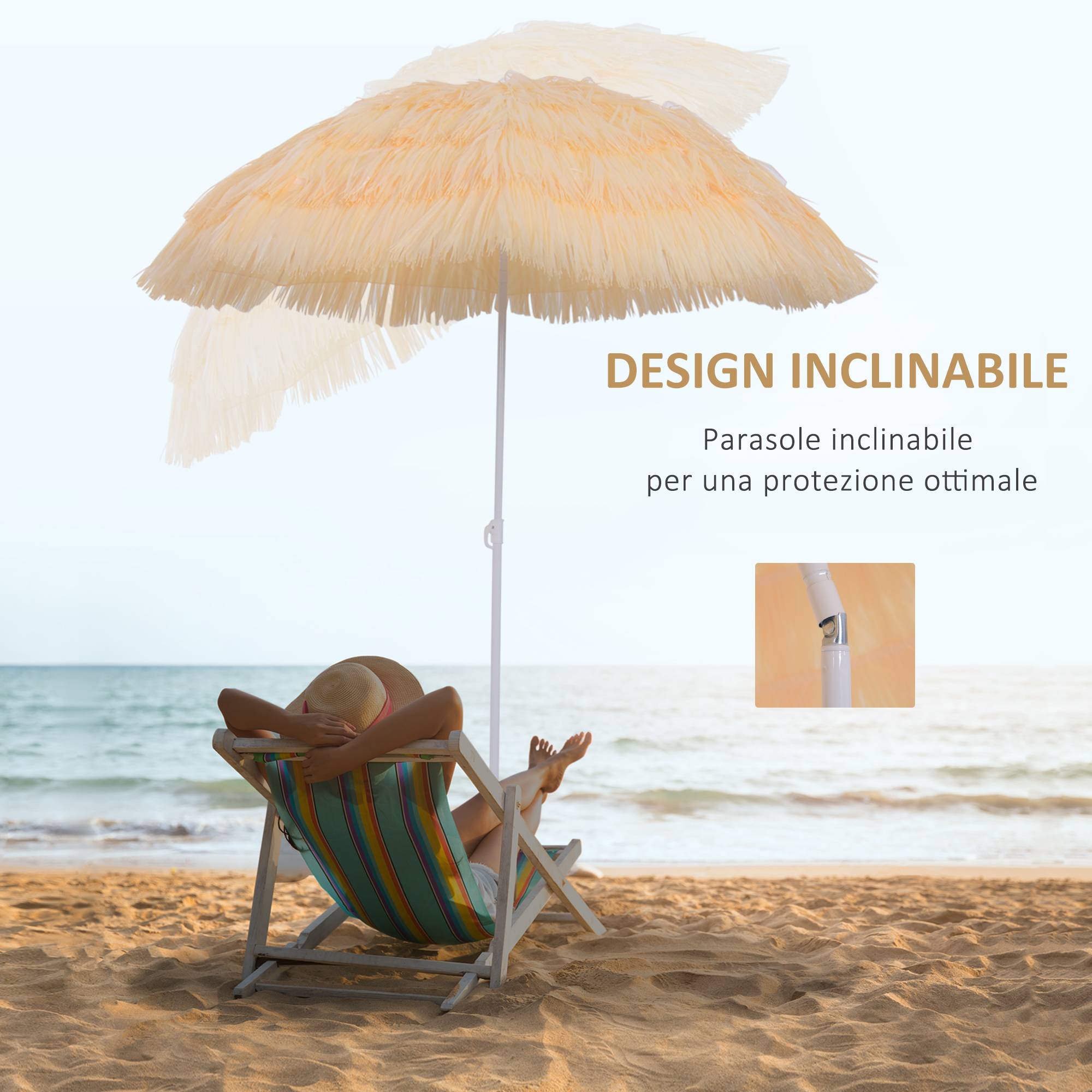 Parasol de plage à 8 baleines avec mât inclinable, polyester et métal, 1,6 x 2 m, beige - Image 8