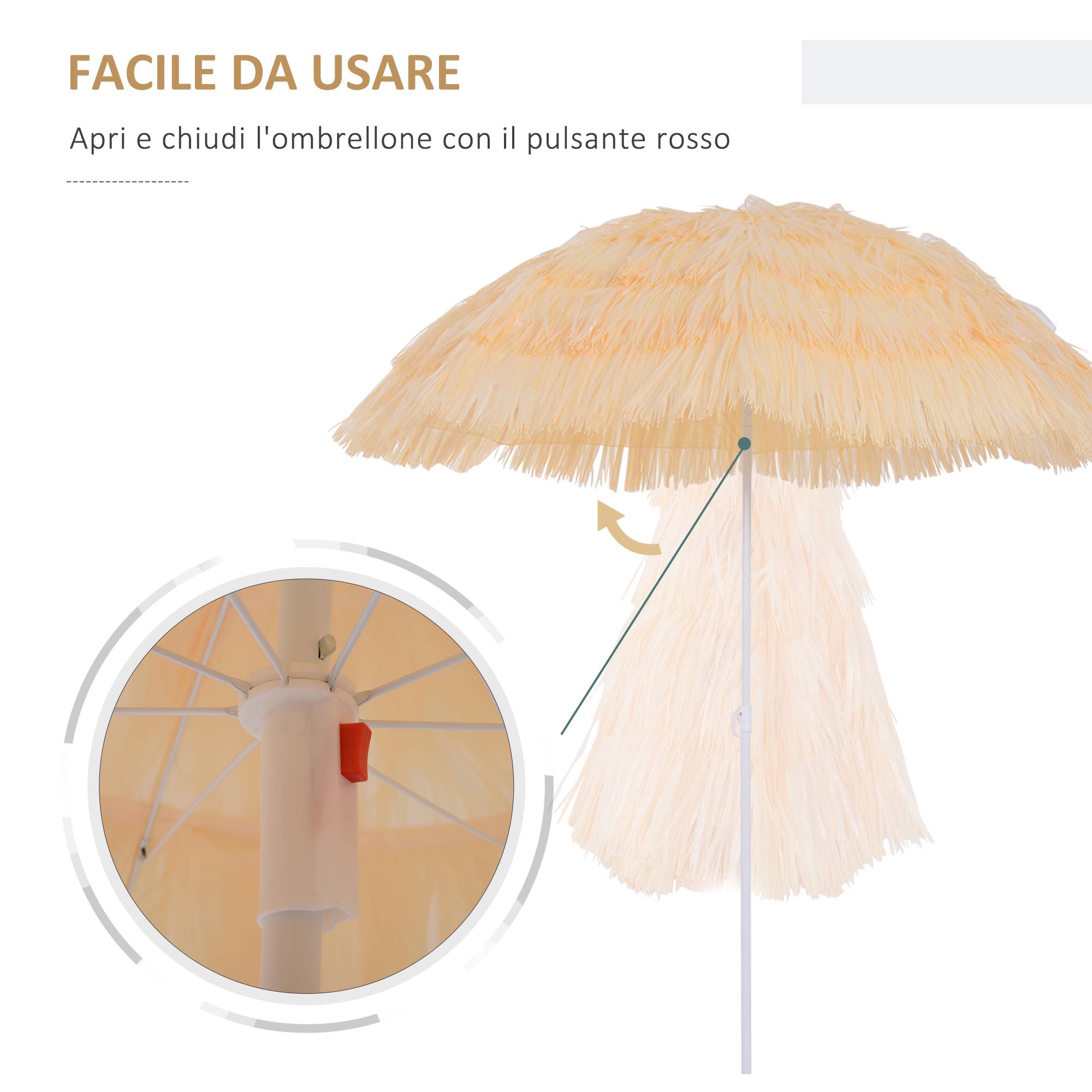 Parasol de plage à 8 baleines avec mât inclinable, polyester et métal, 1,6 x 2 m, beige - Image 7