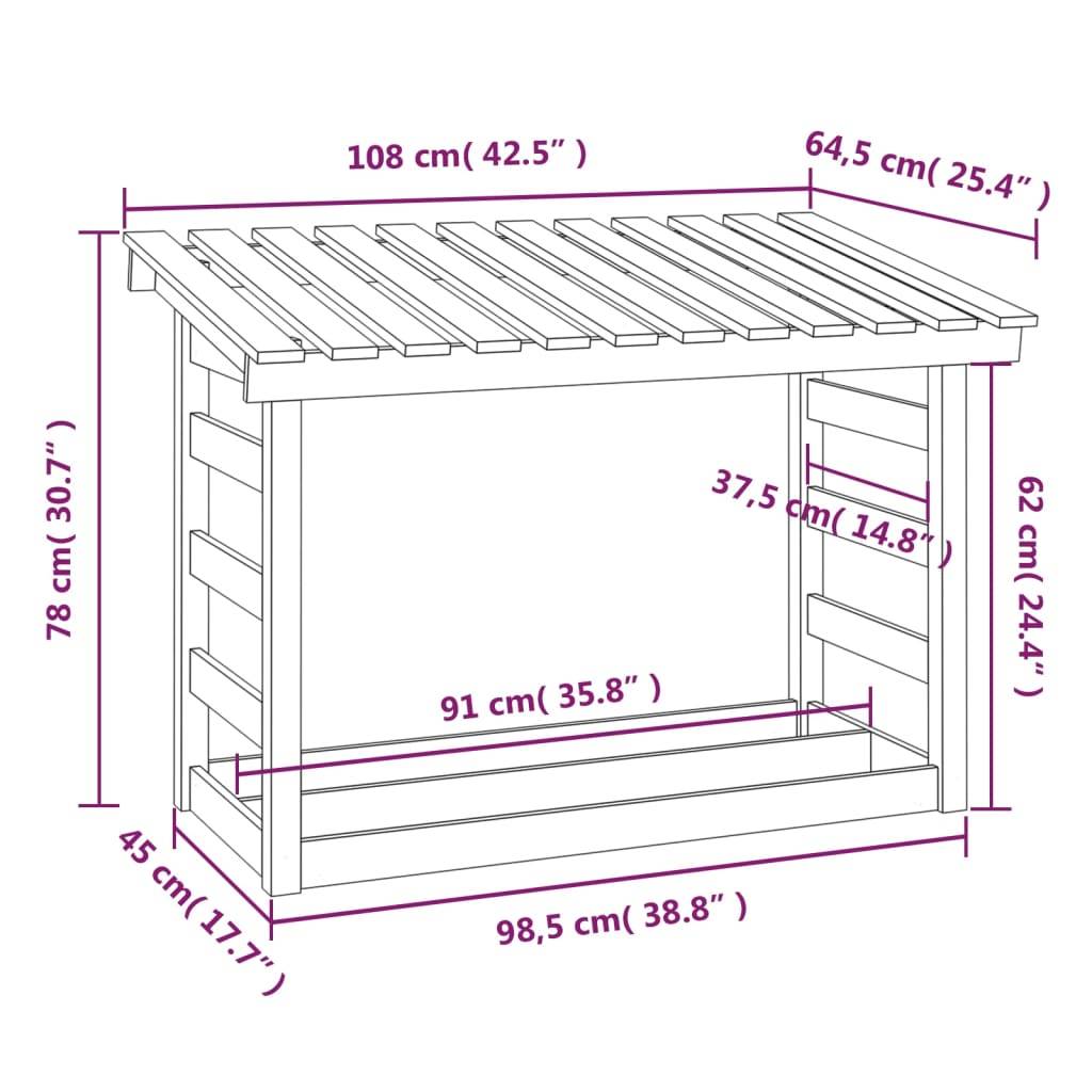 Abri Bûches en Pin Massif Naturel Rangement Jardin Stable et Spacieux 108x65x78cm - ComfortXL Outdoor Living - Image 8