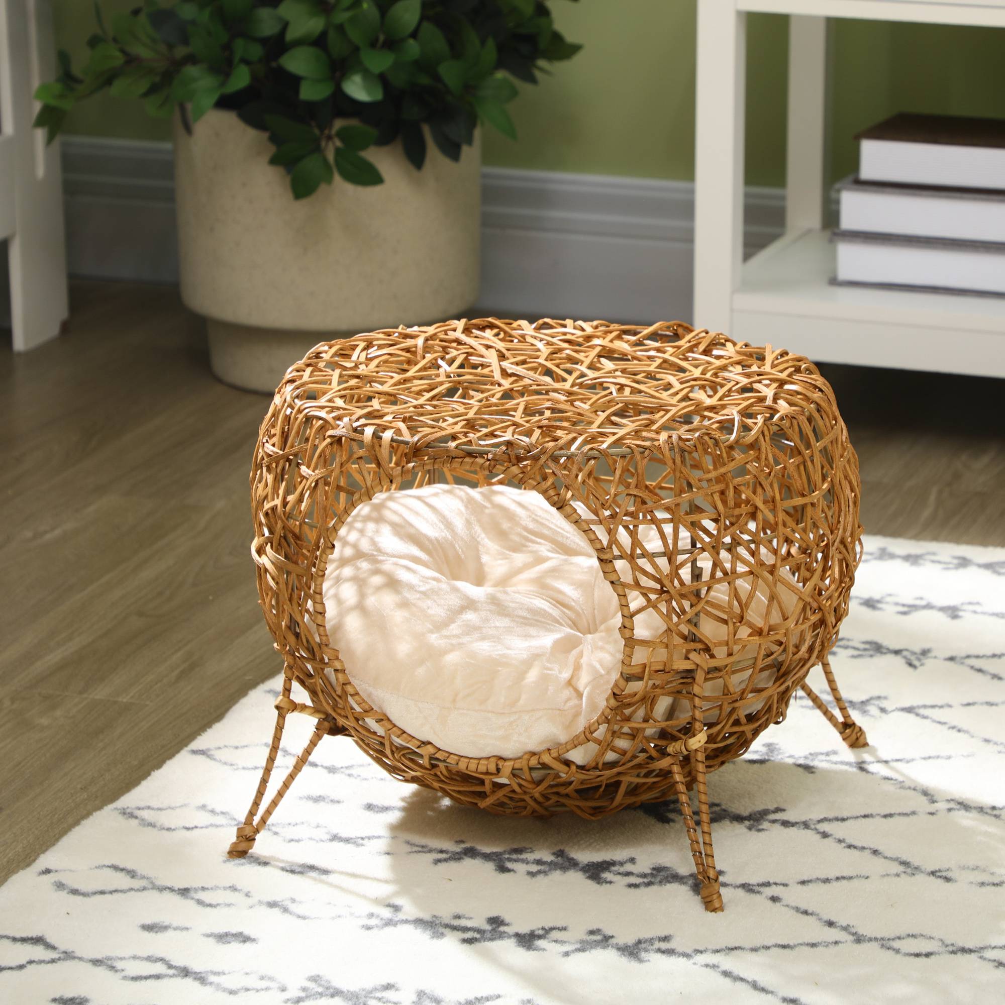 Sans Marque - Niche pour chat lit pour chat panier chat maison de chat en rotin coussin épais Ø 40 x 32 cm marron clair - Image 4