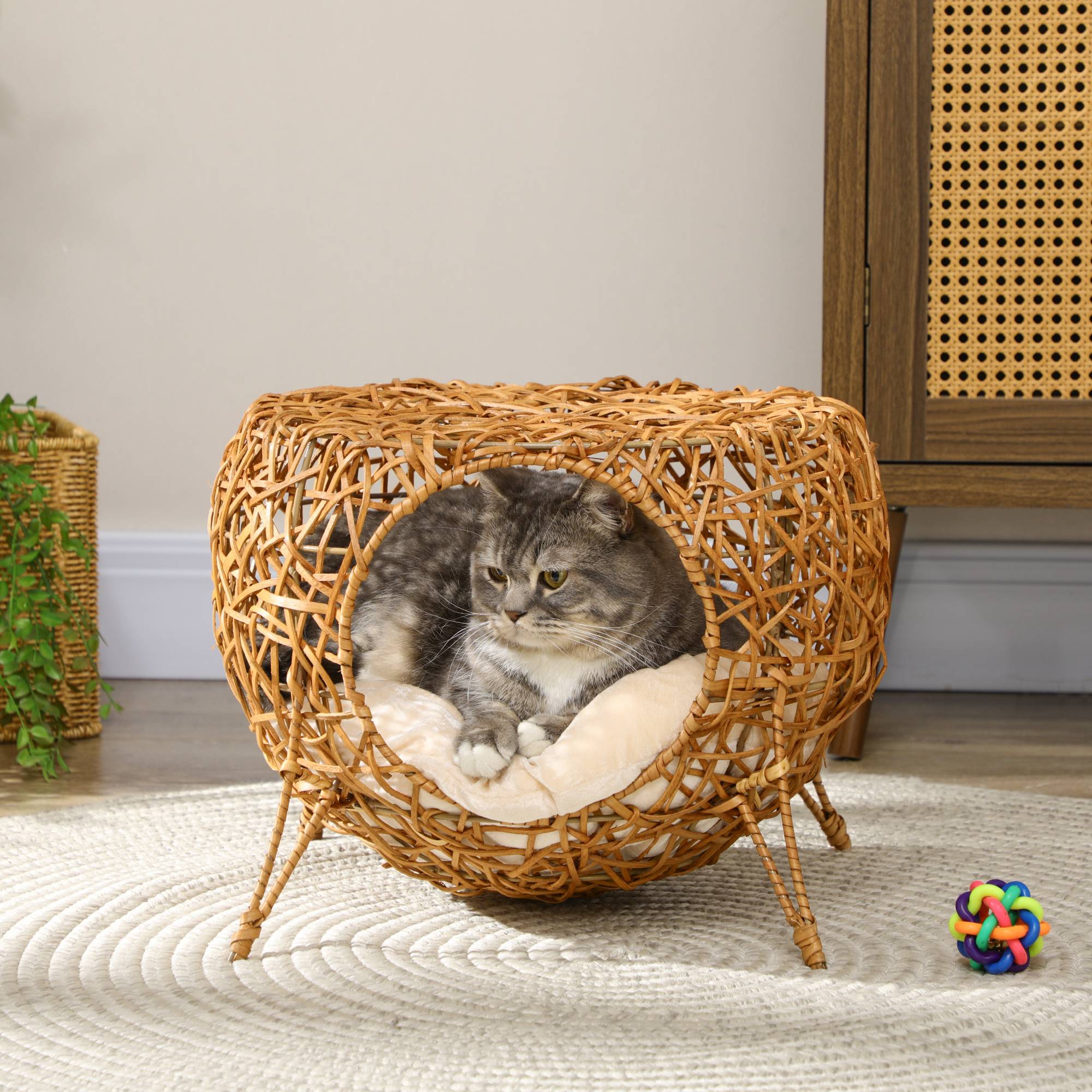Sans Marque - Niche pour chat lit pour chat panier chat maison de chat en rotin coussin épais Ø 40 x 32 cm marron clair - Image 3