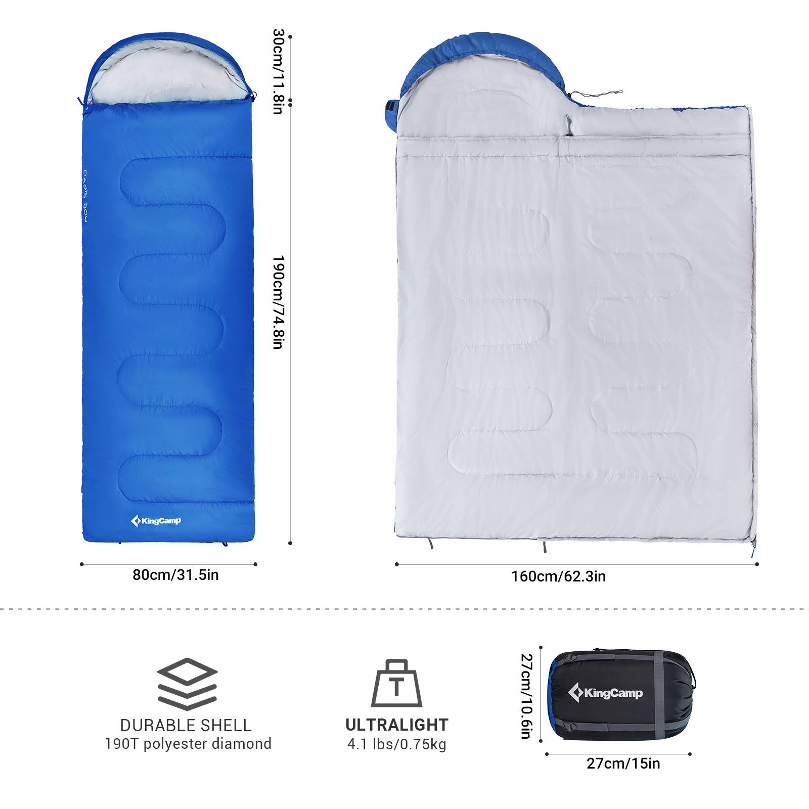 Sac de couchage - Modèle Oasis 300 - Bleu - 190 x 75 cm - Kingcamp - Image 3