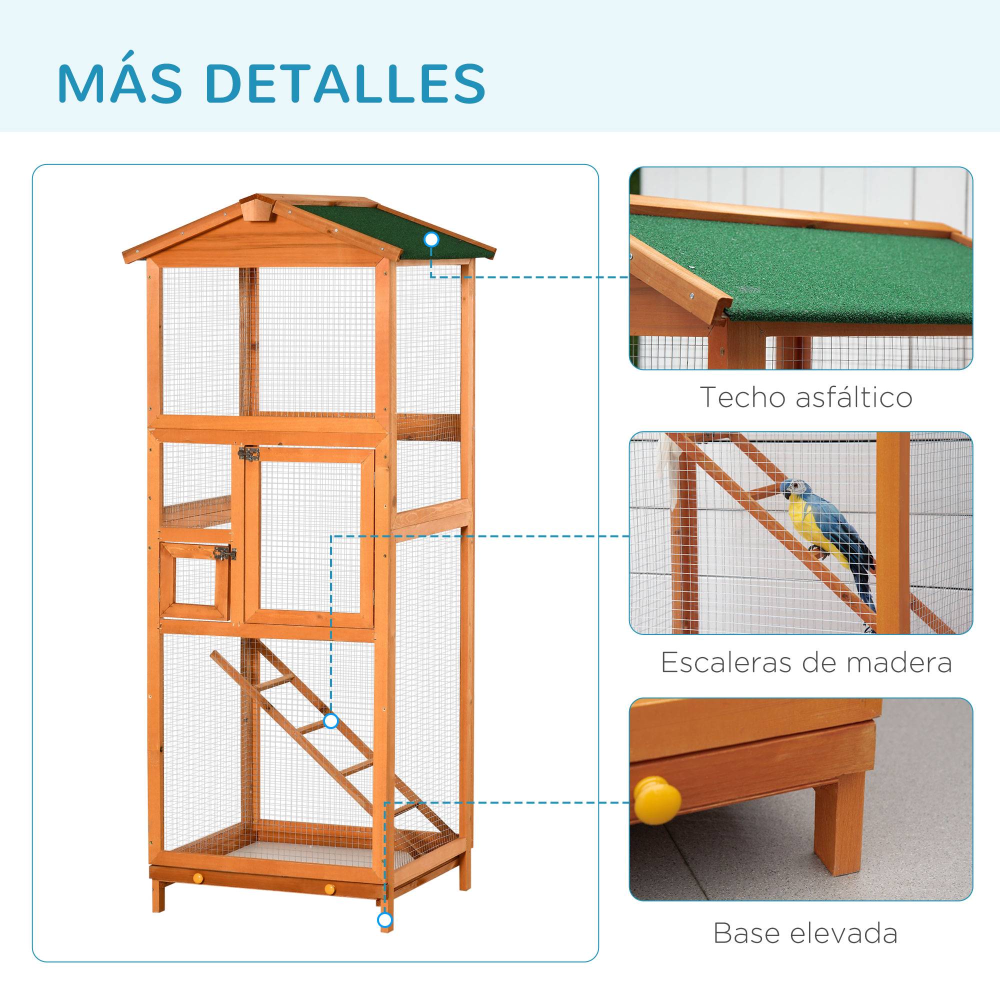 Grande cage à oiseaux en bois de sapin avec 2 portes, plateau amovible et toit en asphalte 68x63x165cm - Image 9