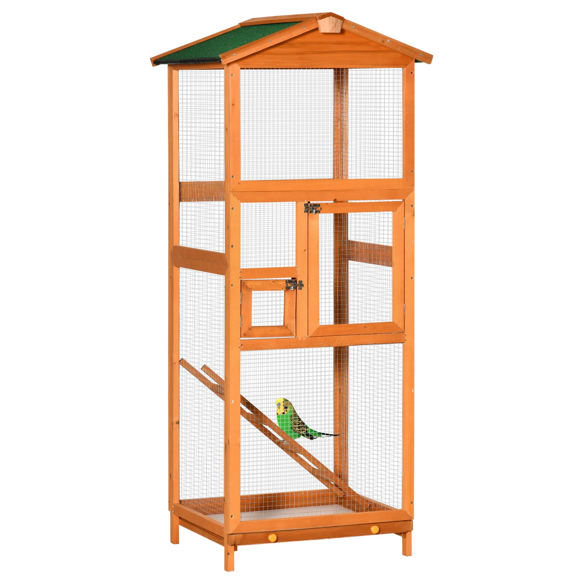 Grande cage à oiseaux en bois de sapin avec 2 portes, plateau amovible et toit en asphalte 68x63x165cm - Image 1