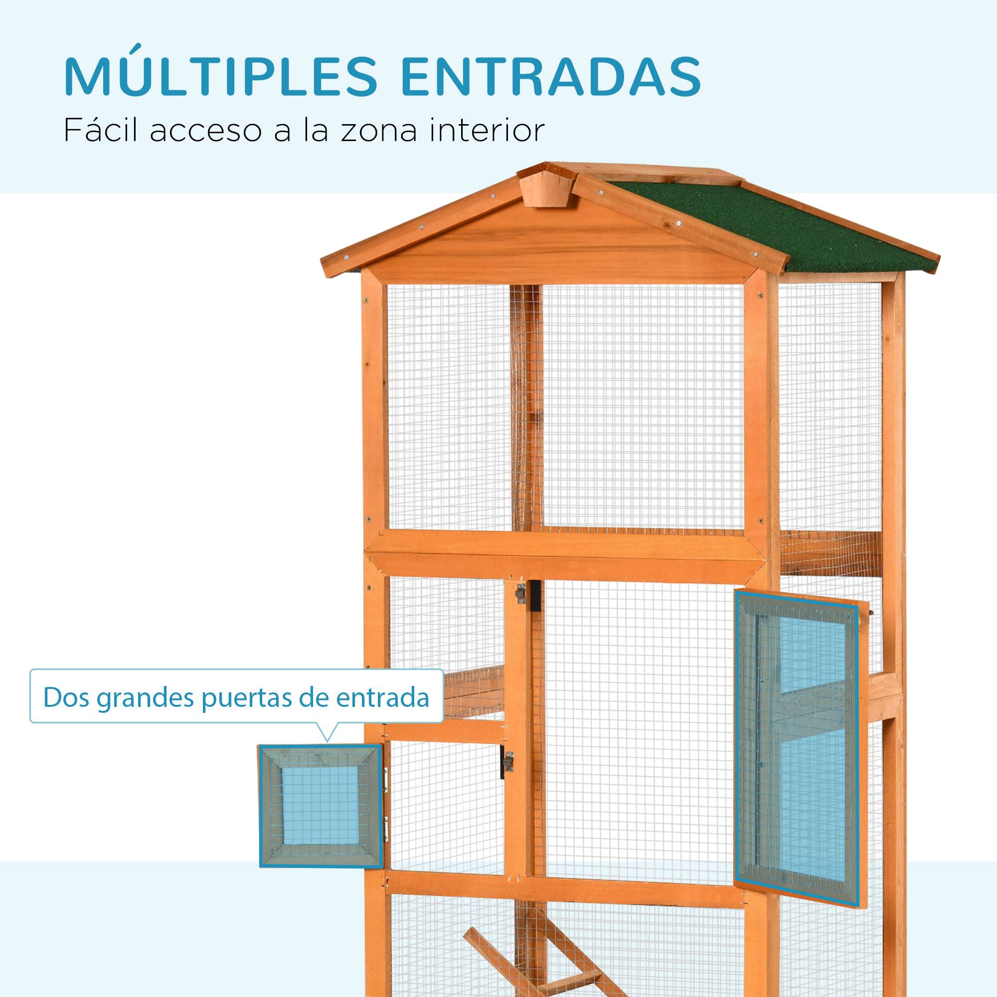 Grande cage à oiseaux en bois de sapin avec 2 portes, plateau amovible et toit en asphalte 68x63x165cm - Image 7