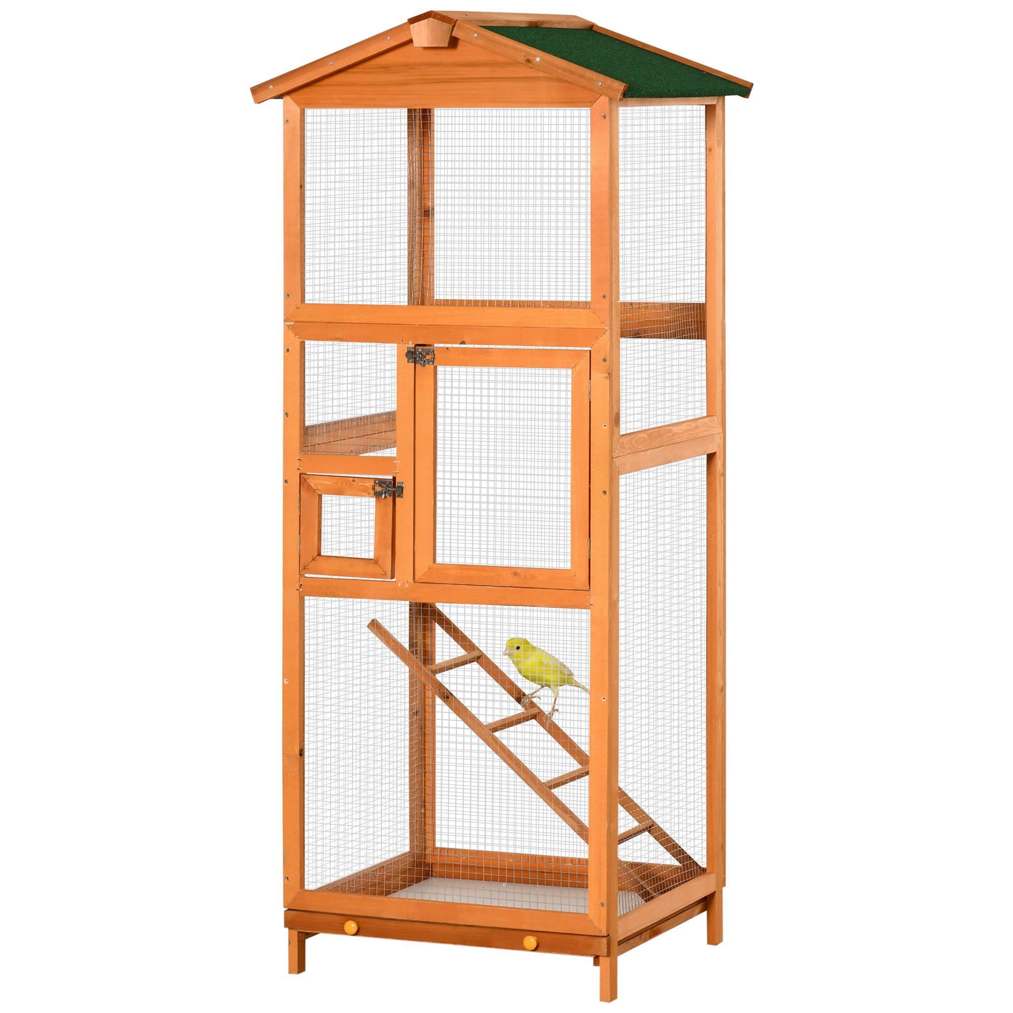 Grande cage à oiseaux en bois de sapin avec 2 portes, plateau amovible et toit en asphalte 68x63x165cm - Image 2