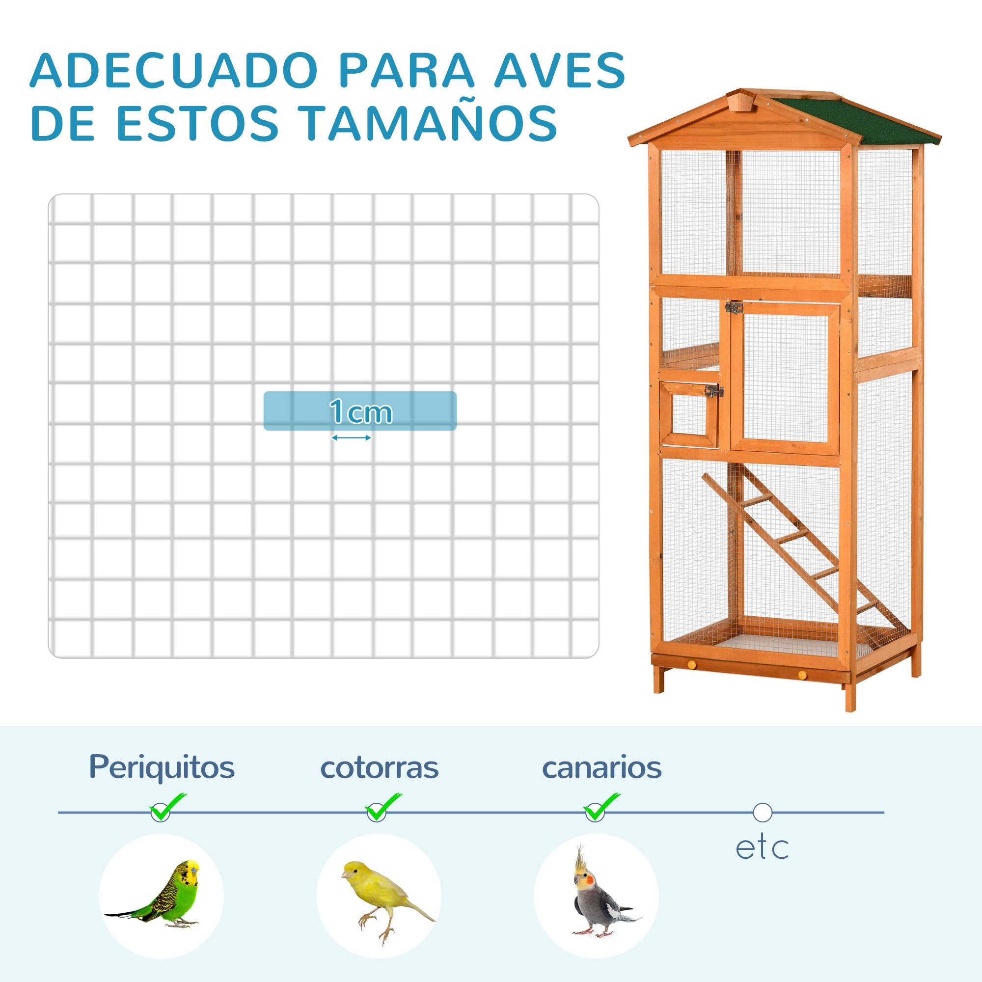 Grande cage à oiseaux en bois de sapin avec 2 portes, plateau amovible et toit en asphalte 68x63x165cm - Image 8