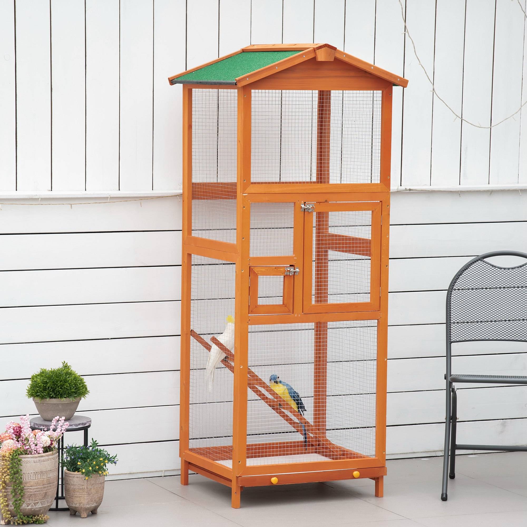 Grande cage à oiseaux en bois de sapin avec 2 portes, plateau amovible et toit en asphalte 68x63x165cm - Image 3