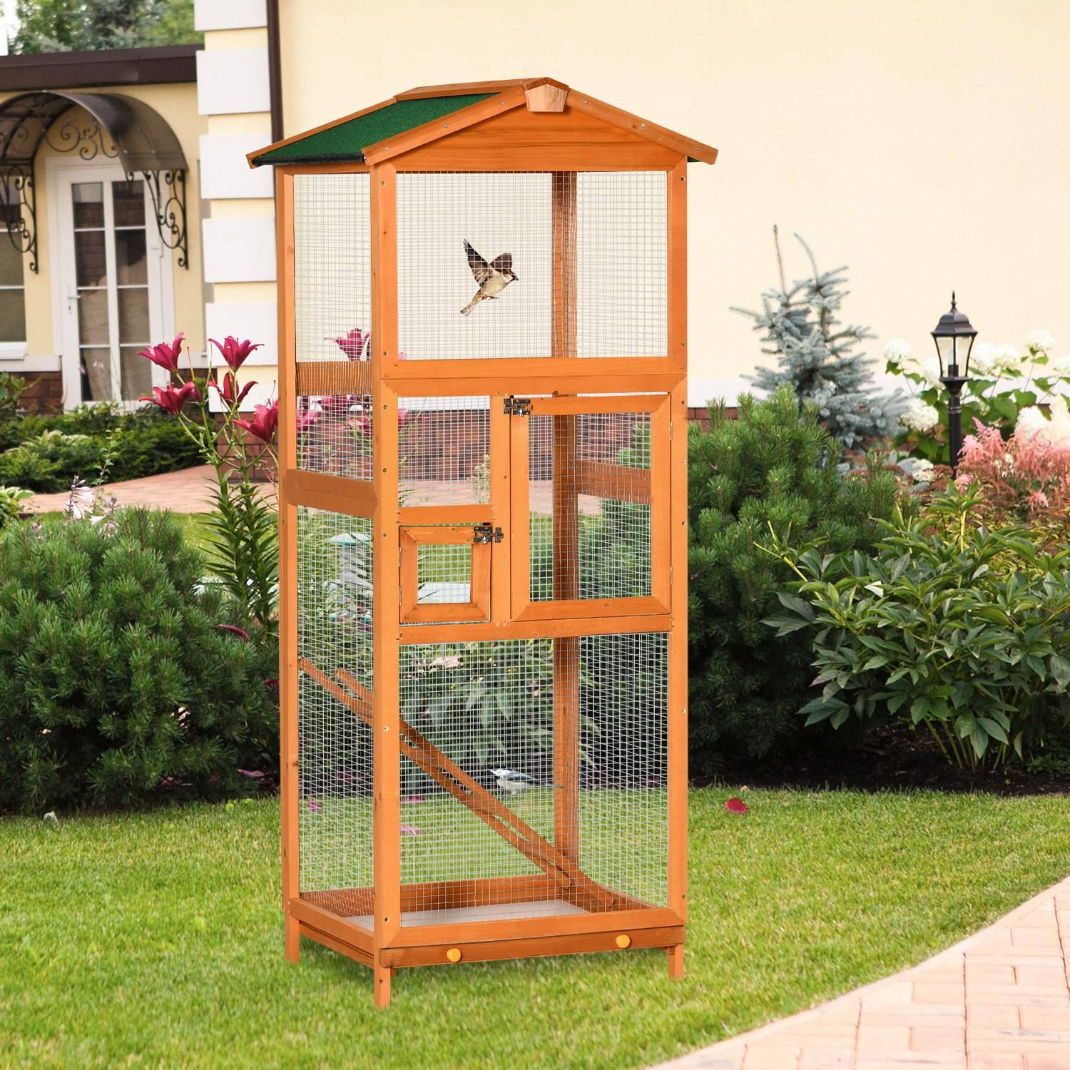 Grande cage à oiseaux en bois de sapin avec 2 portes, plateau amovible et toit en asphalte 68x63x165cm - Image 4