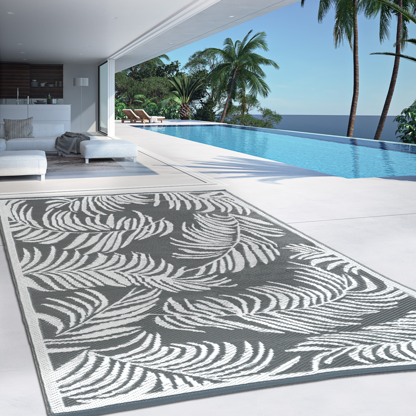 Tapis extérieur COCO tropical gris et blanc 180 x 280 CM - Image 3