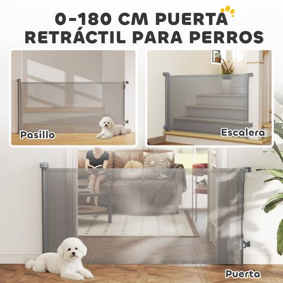 Barrière de sécurité rétractable pour chien, extensible jusqu'à 180 cm de large, pour escaliers et portes, grise - Image 6