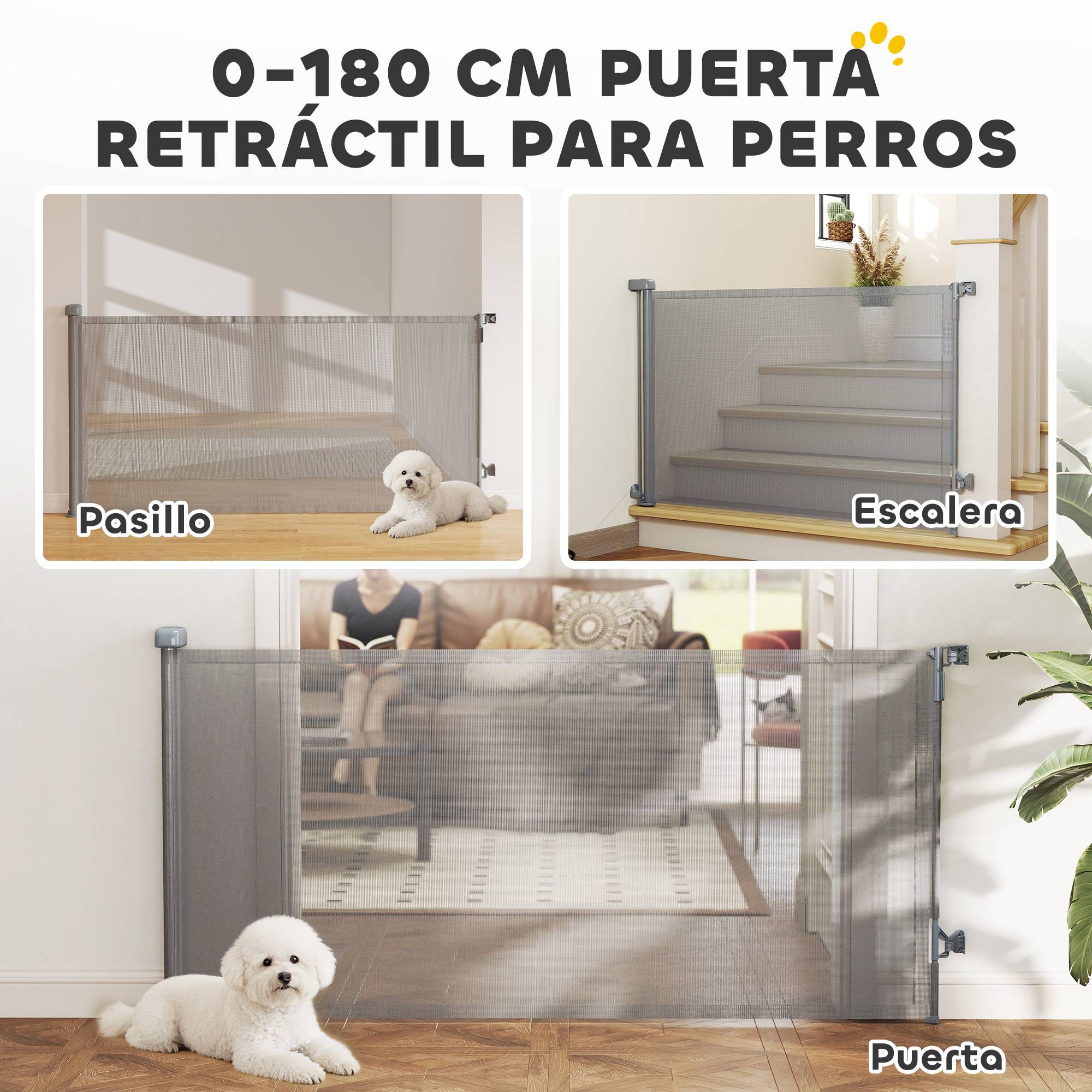 Barrière de sécurité rétractable pour chien, extensible jusqu'à 180 cm de large, pour escaliers et portes, grise - Image 6