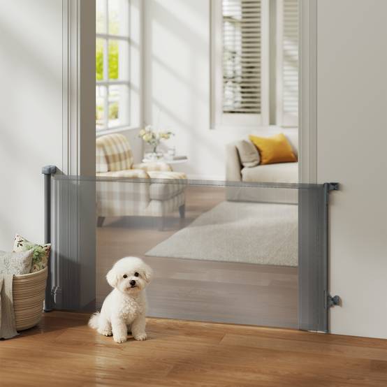 Barrière de sécurité rétractable pour chien, extensible jusqu'à 180 cm de large, pour escaliers et portes, grise - Image 3