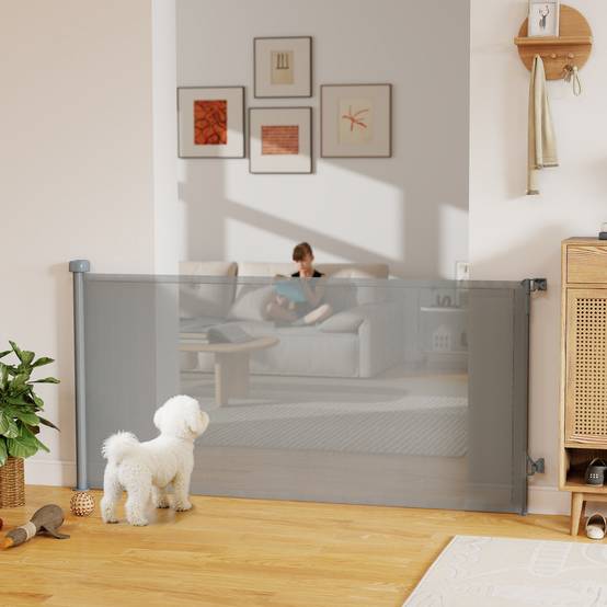 Barrière de sécurité rétractable pour chien, extensible jusqu'à 180 cm de large, pour escaliers et portes, grise - Image 4
