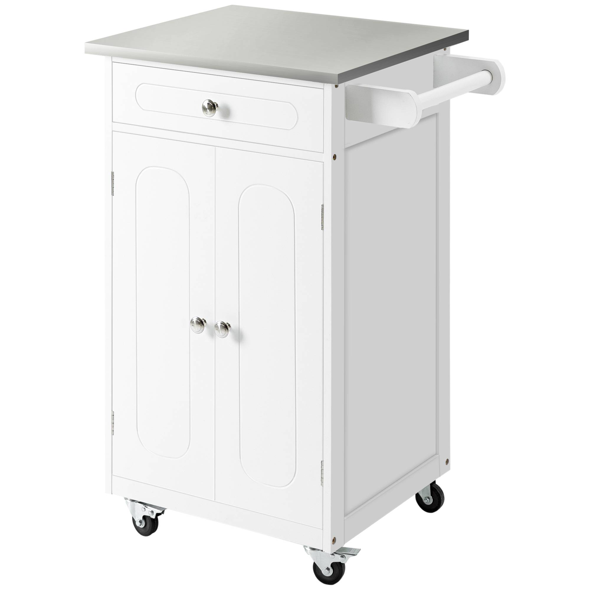 Sans Marque - Chariot service desserte cuisine roulettes multi-rangements 1 tiroir placard 2 portes acier inoxydable - Image 1