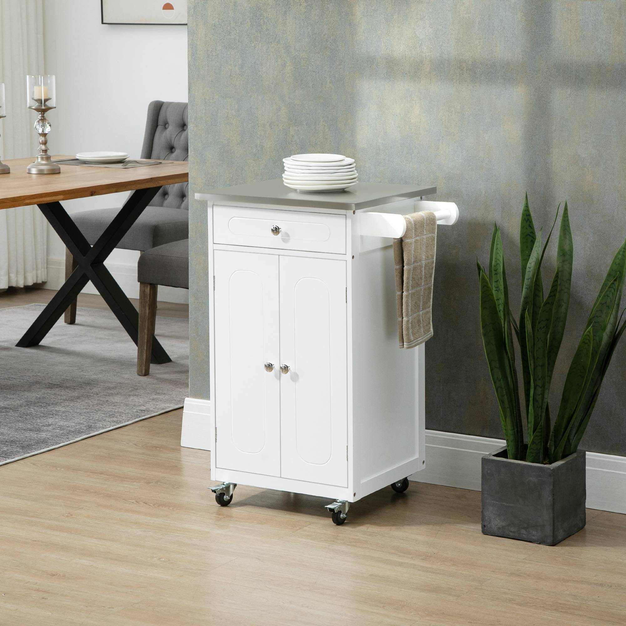 Sans Marque - Chariot service desserte cuisine roulettes multi-rangements 1 tiroir placard 2 portes acier inoxydable - Image 3