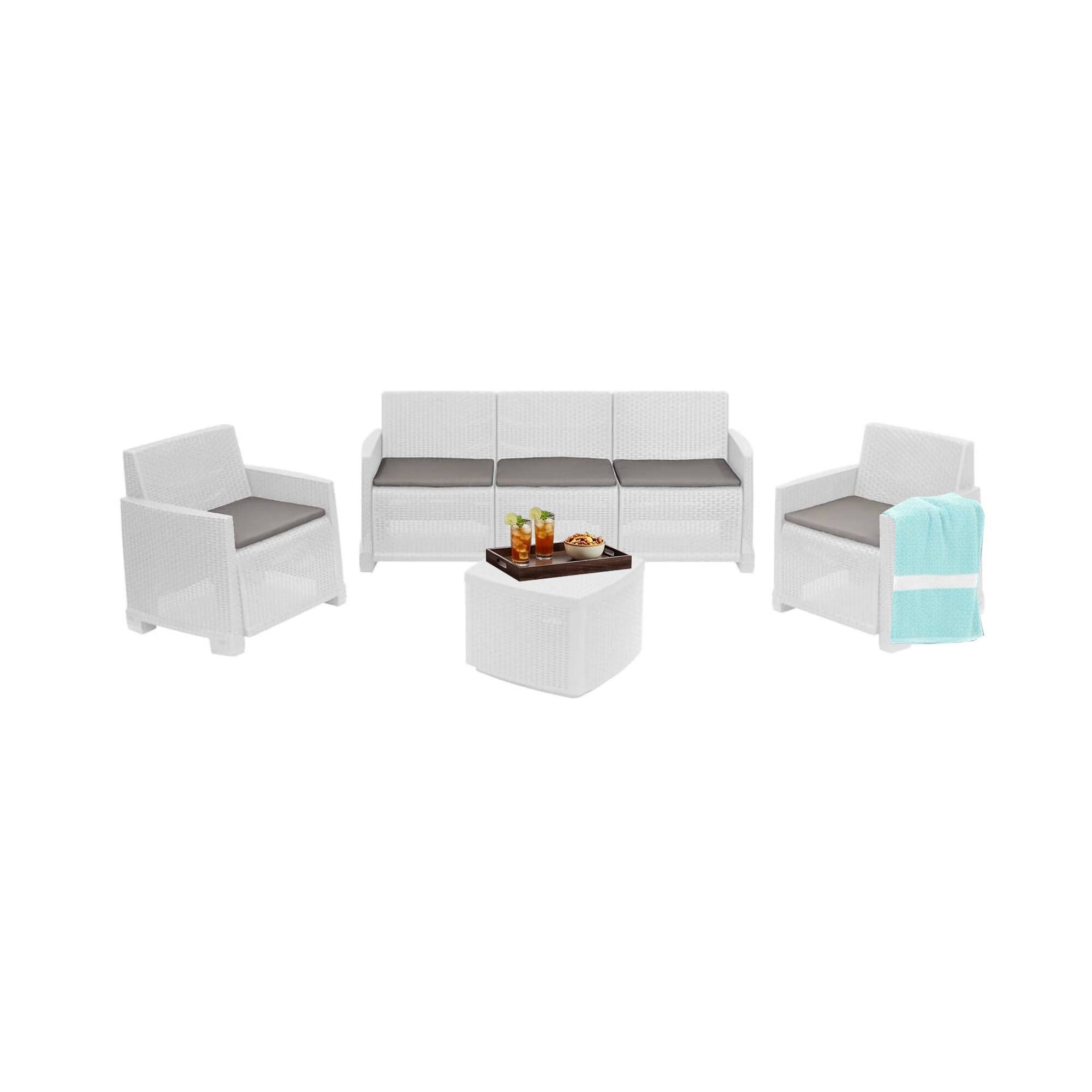 Dmora - Salon d'extérieur Alassio, Composition de jardin avec 2 fauteuils, 1 canapé et 1 table de rangement, Effet rotin avec coussins, Blanc - Dmora - Image 1