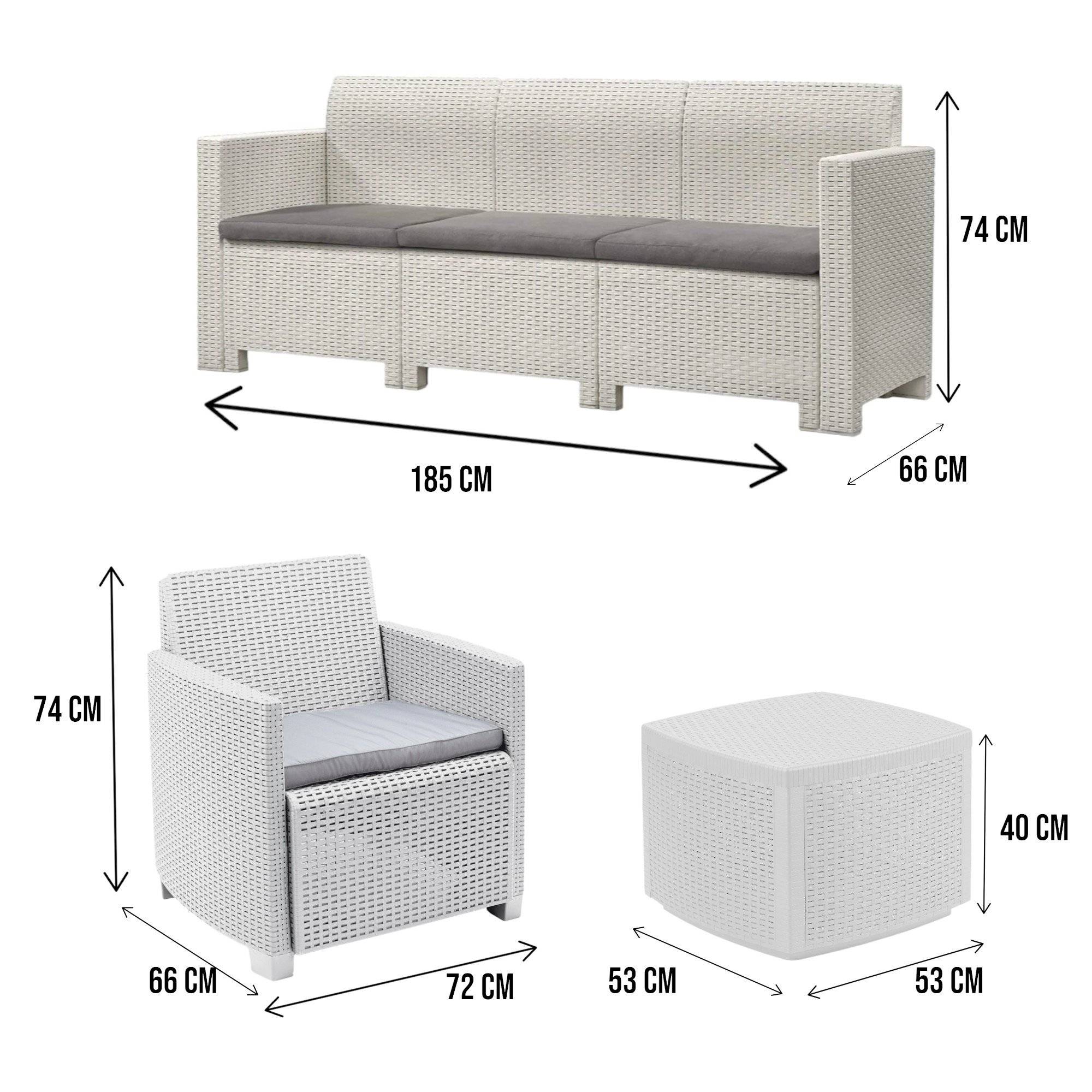 Dmora - Salon d'extérieur Alassio, Composition de jardin avec 2 fauteuils, 1 canapé et 1 table de rangement, Effet rotin avec coussins, Blanc - Dmora - Image 3