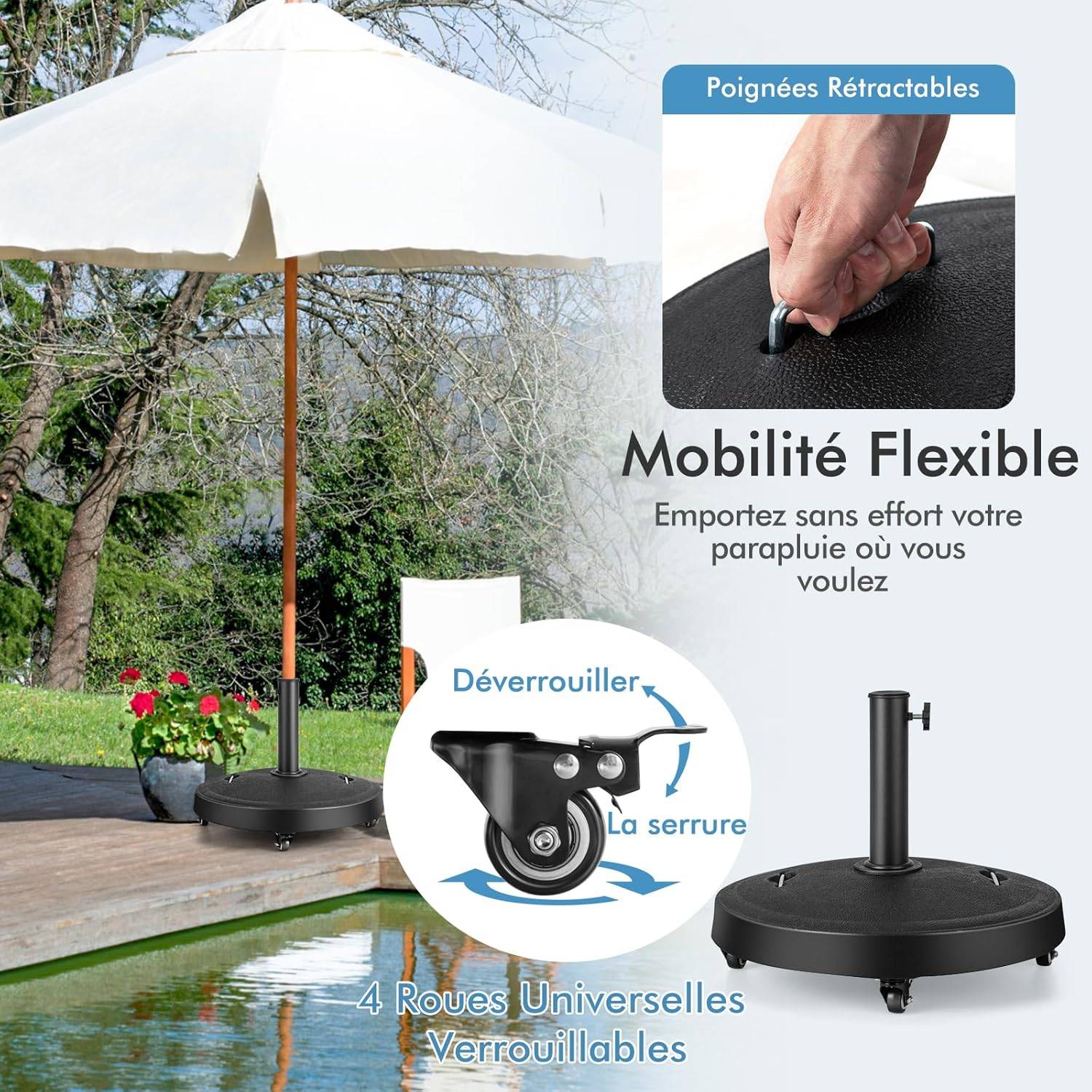 Pied de Parasol sur roulettes φ52CM 23KG, Socle Parasol Extérieur en Résine avec 2 Poignées Rétractables,  pour Poteaux de Parasol 38/48 mm - Image 6