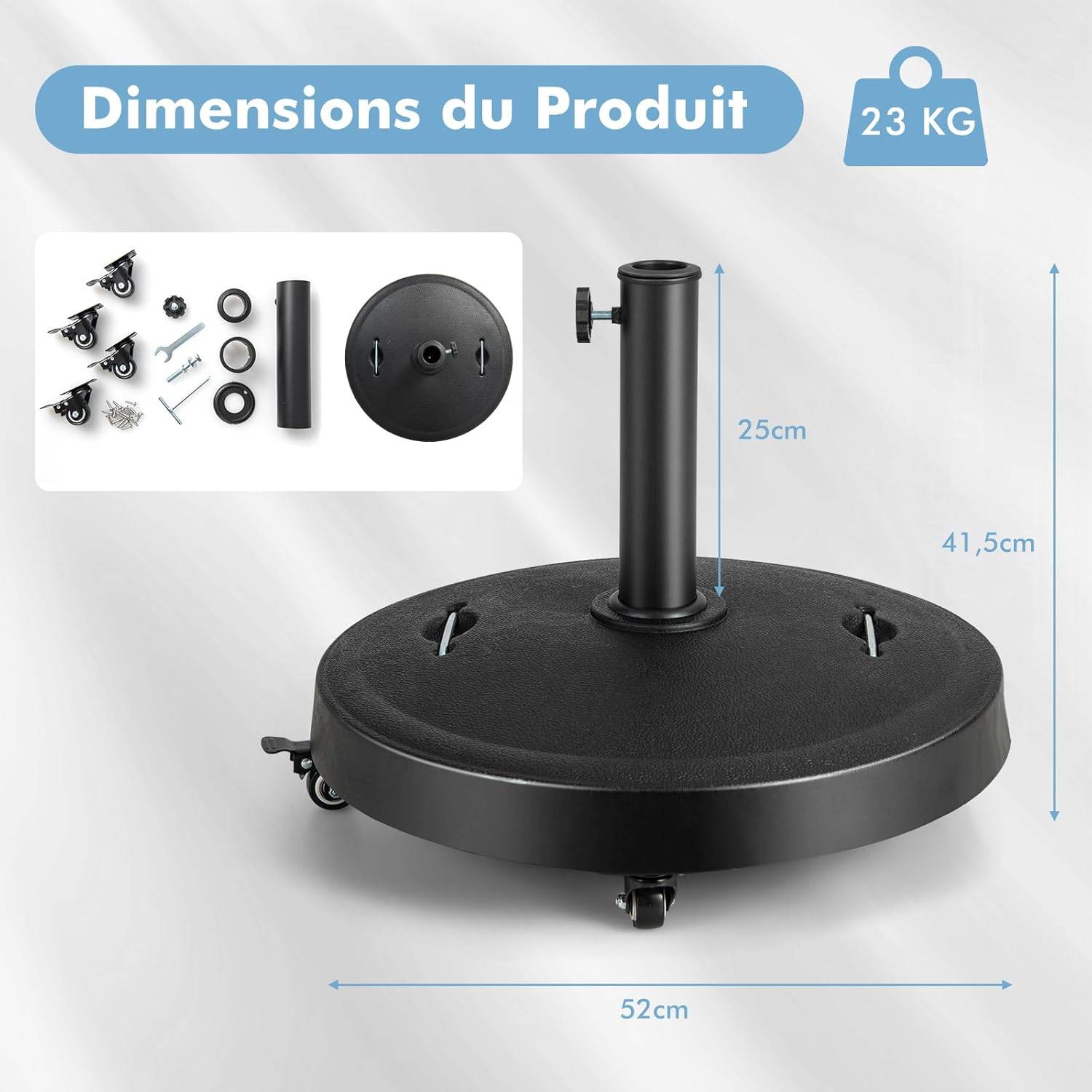 Pied de Parasol sur roulettes φ52CM 23KG, Socle Parasol Extérieur en Résine avec 2 Poignées Rétractables,  pour Poteaux de Parasol 38/48 mm - Image 3