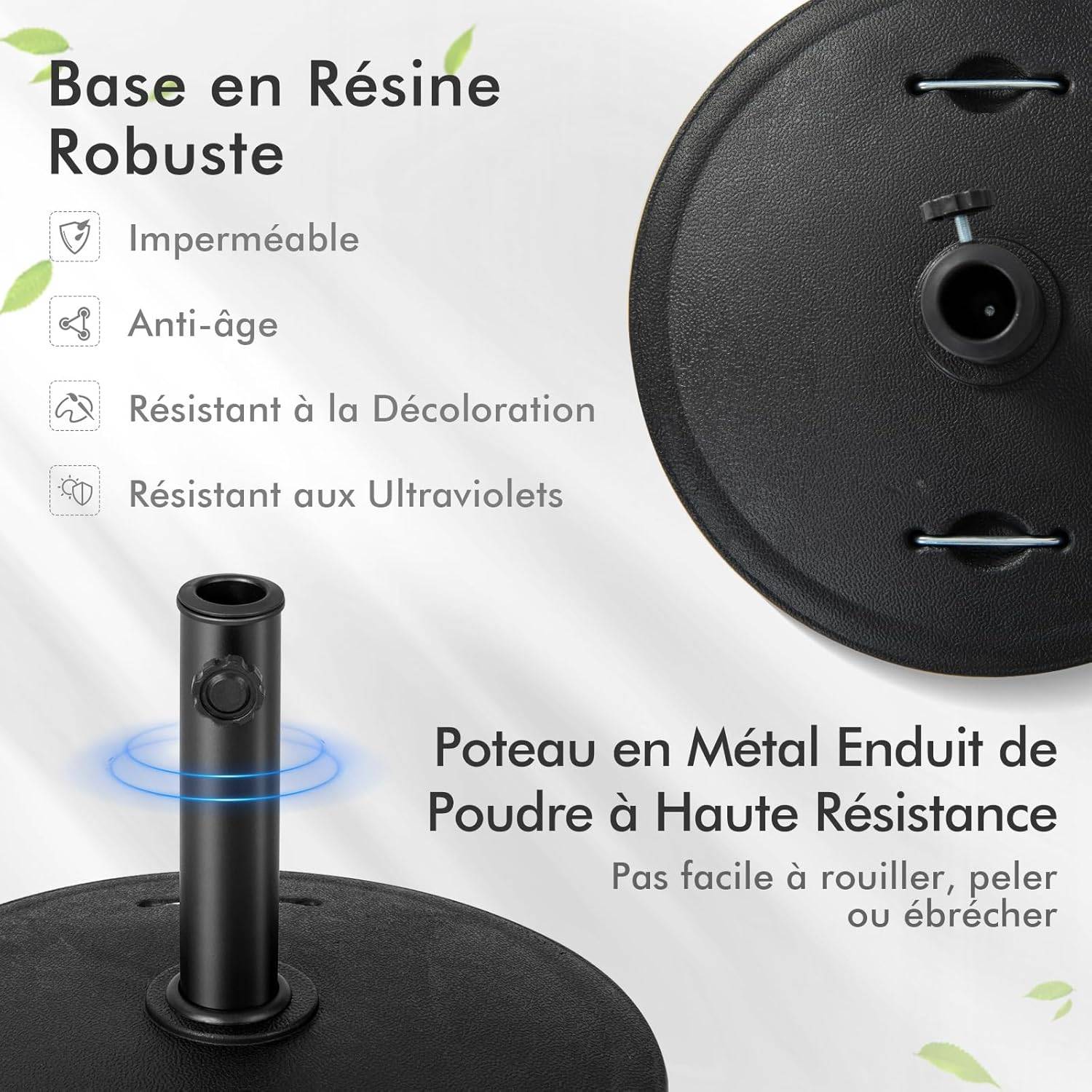 Pied de Parasol sur roulettes φ52CM 23KG, Socle Parasol Extérieur en Résine avec 2 Poignées Rétractables,  pour Poteaux de Parasol 38/48 mm - Image 5