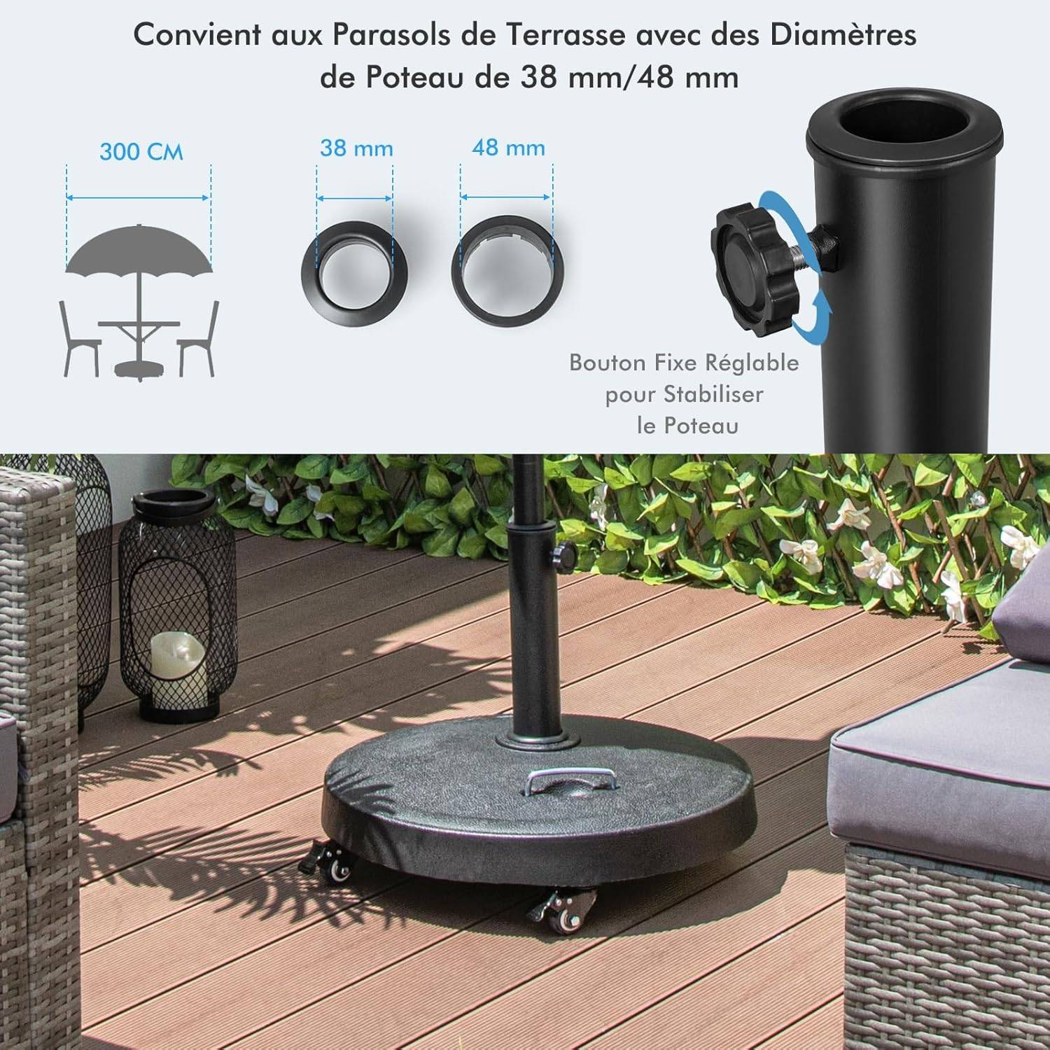 Pied de Parasol sur roulettes φ52CM 23KG, Socle Parasol Extérieur en Résine avec 2 Poignées Rétractables, pour Poteaux de Parasol 38/48 mm - Image 4