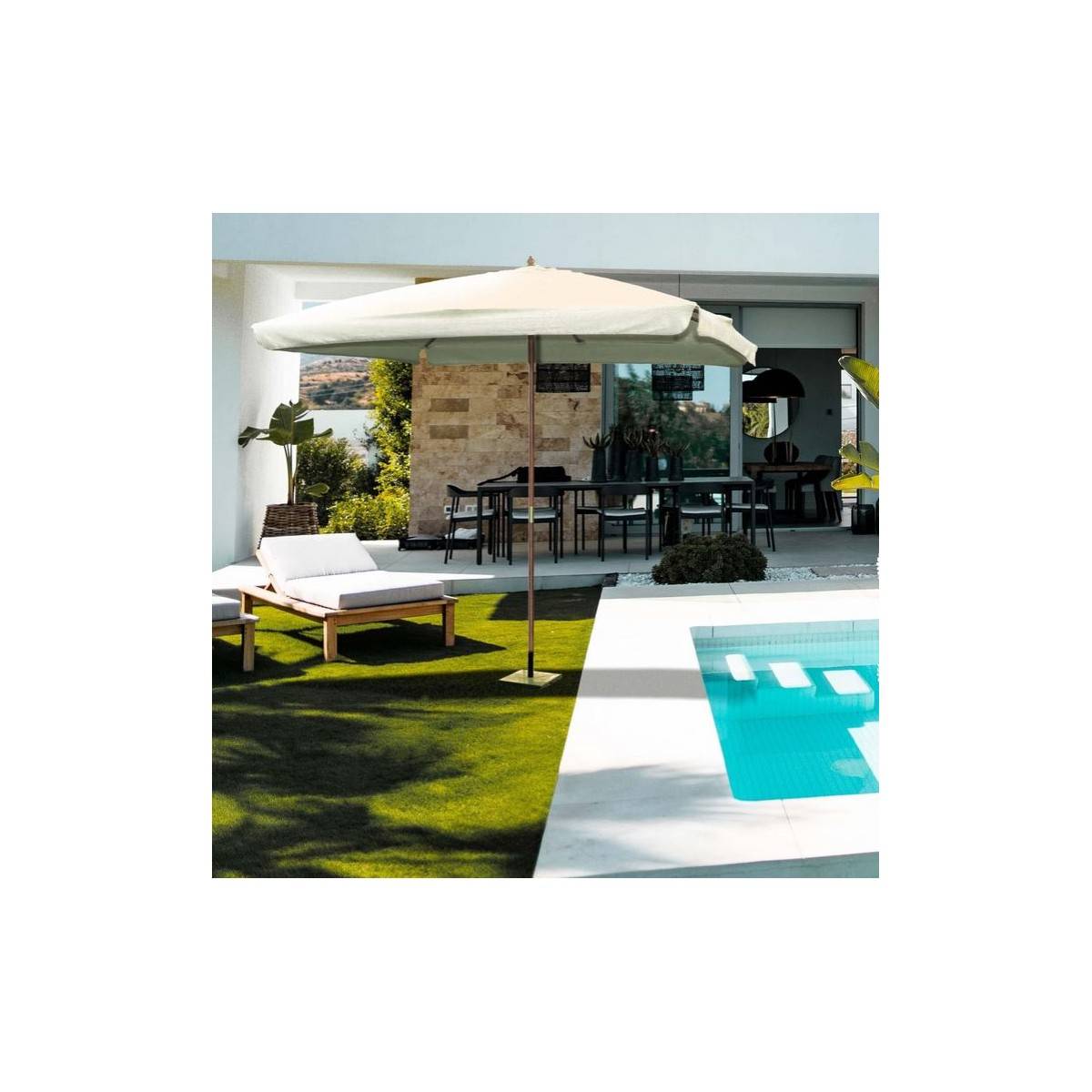 Parasol de jardin 3m x 3m Forme Carrée Blanc Ecru avec bordure de 50 mm Mat bois naturel KZ GARDEN - Image 5
