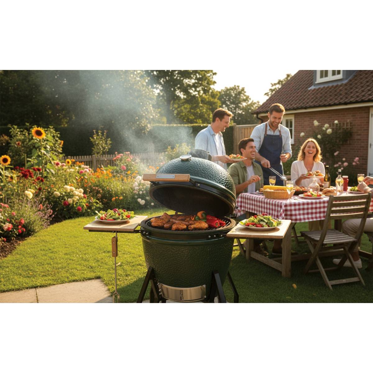 Barbecue à charbon de bois Kamado Céramique Vert - 2 zones de cuisson Grill & Fumoir Ø56cm - Barbecue mobile + 2 tablettes INTEC - Image 9