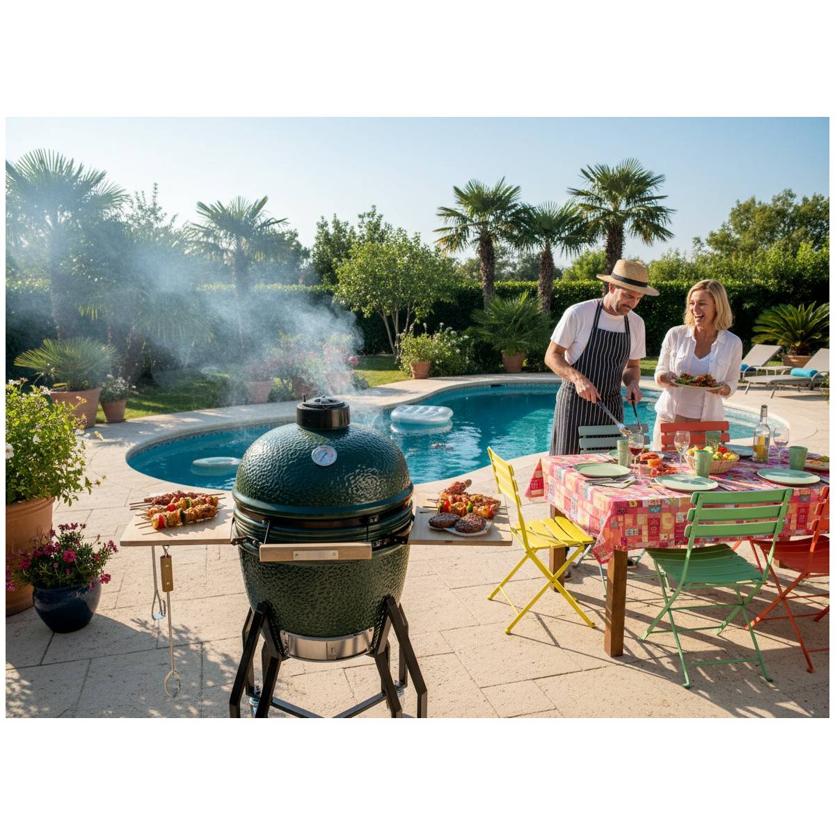Barbecue à charbon de bois Kamado Céramique Vert - 2 zones de cuisson Grill & Fumoir Ø56cm - Barbecue mobile + 2 tablettes INTEC - Image 3