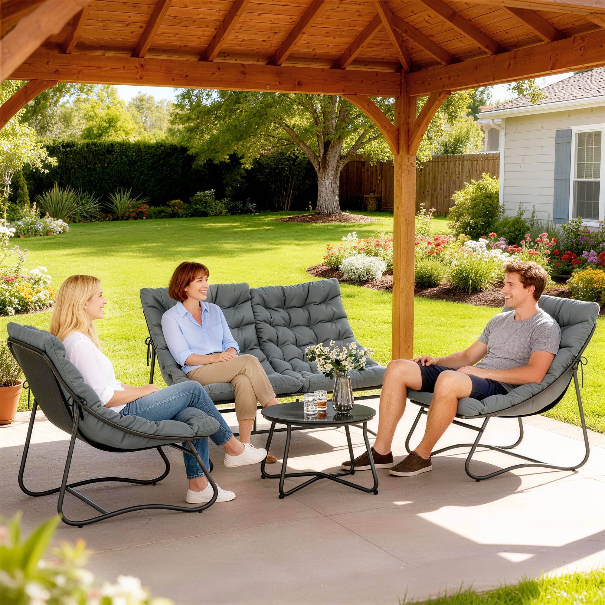 Salon de Jardin 4 Pièces avec Coussins Épais 8cm Ensemble Mobilier Extérieur en Acier et Textilène Respirant Gris - Image 3