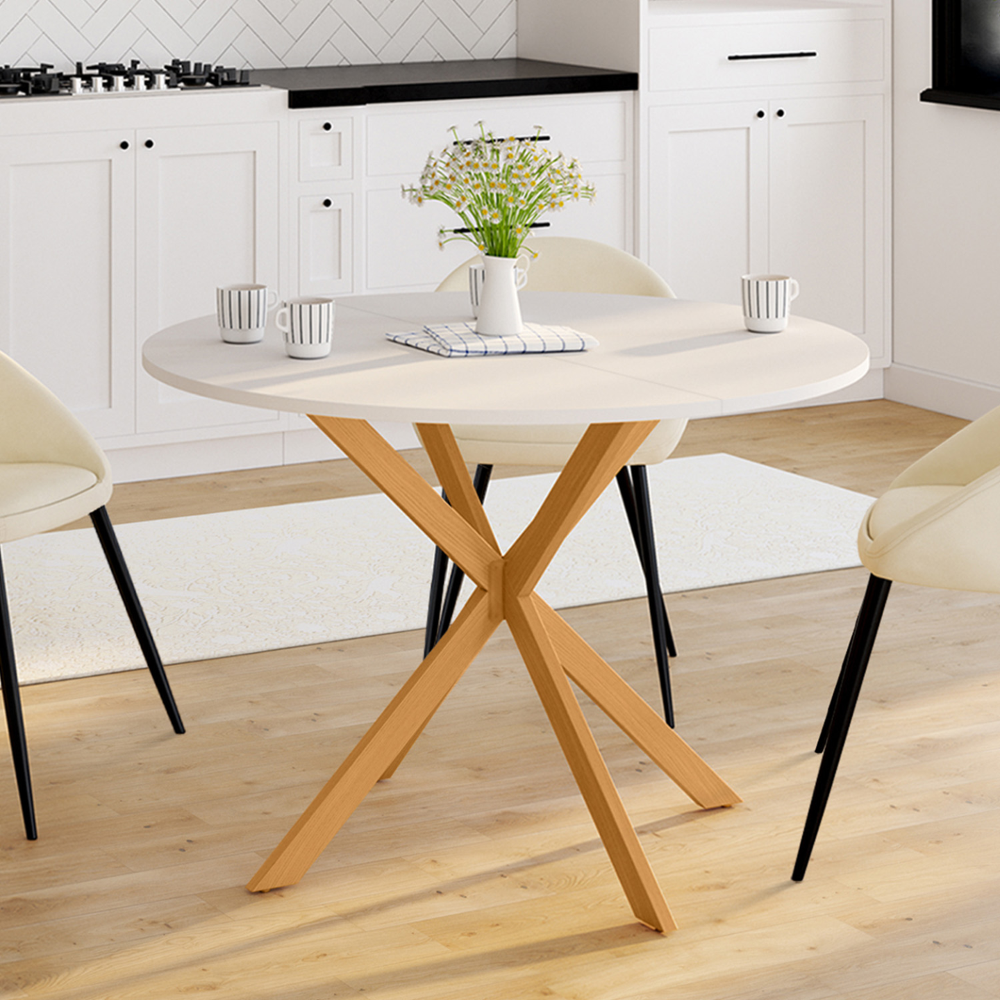 Table à manger ronde ALIX 6 personnes pied araignée bois plateau blanc GISELE 110 cm - Image 1